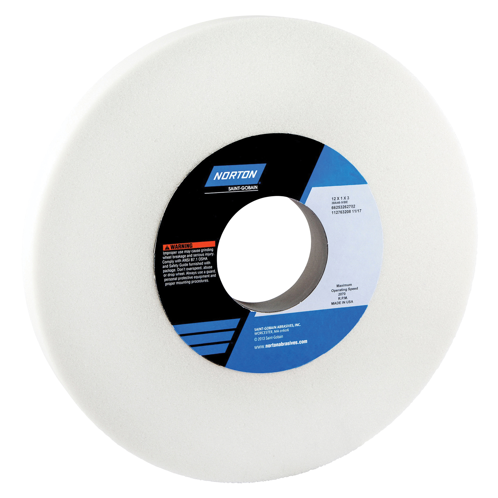 Norton® 66253262702 38A Straight Toolroom Wheel, 12 in Dia x 1 in THK, 3 in Center Hole, 46 Grit, Aluminum Oxide Abrasive