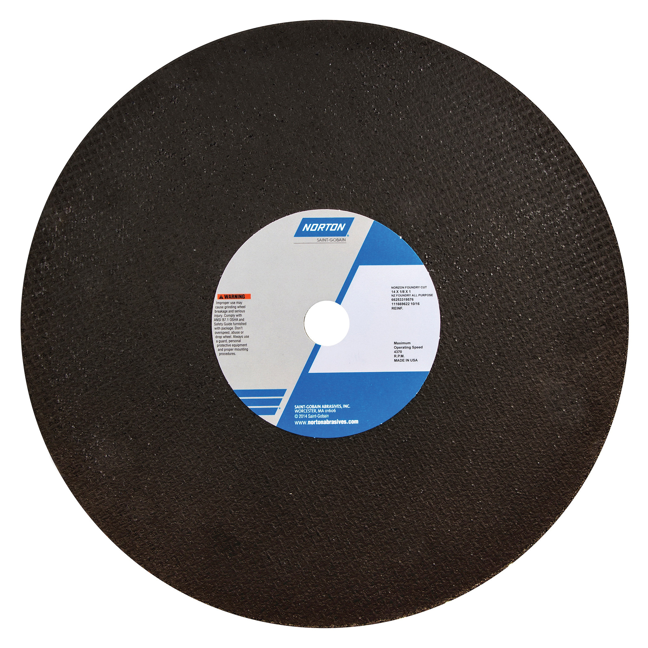 Norton®NorZon®Foundry™ 66253319576 4NZ All Purpose Cut-Off Wheel, 14 in Dia x 1/8 in THK, 1 in Center Hole, Zirconia Alumina Abrasive