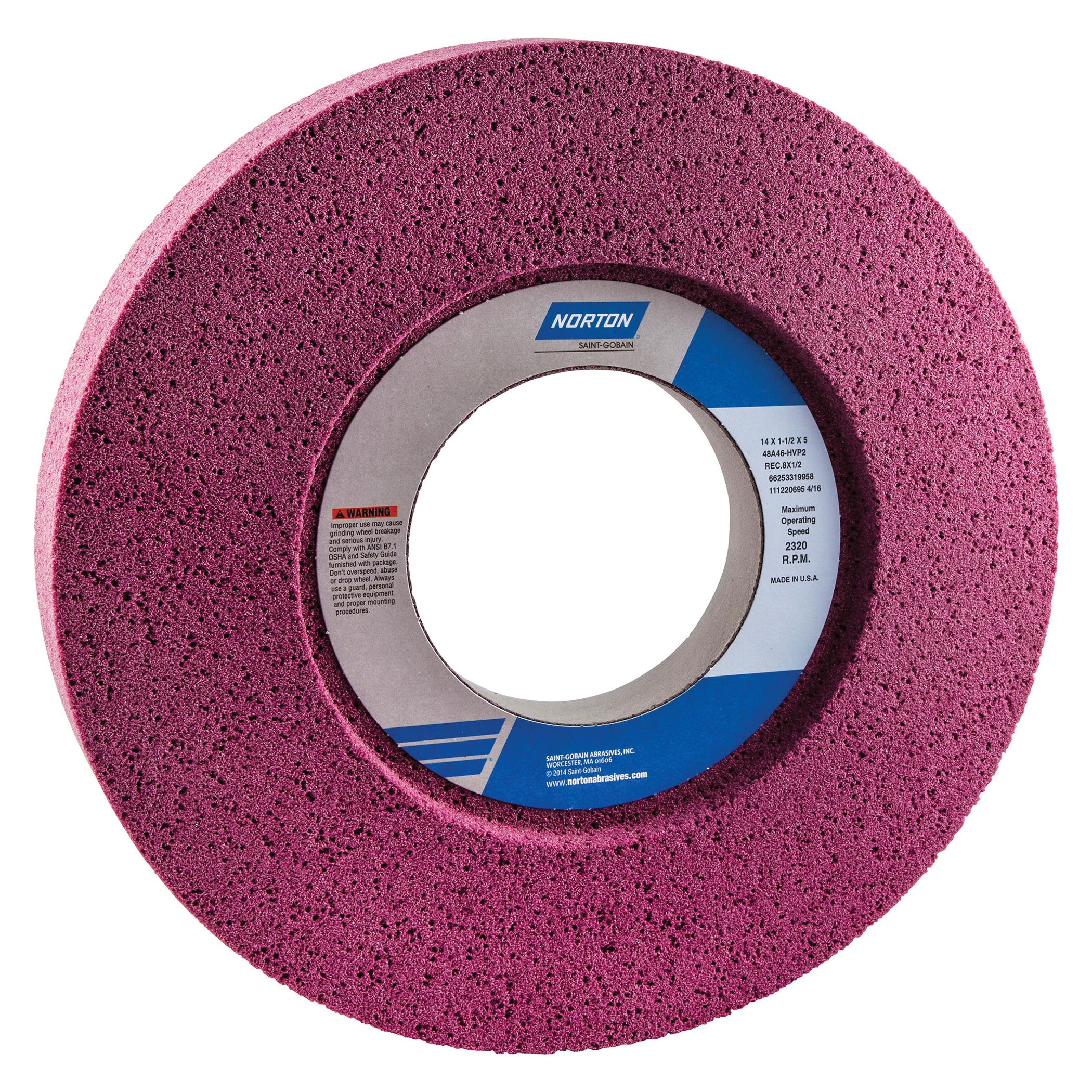 Norton® 66253319958 48A 1-Side Recessed Toolroom Wheel, 14 in Dia x 1-1/2 in THK, 5 in Center Hole, 46 Grit, Aluminum Oxide Abrasive