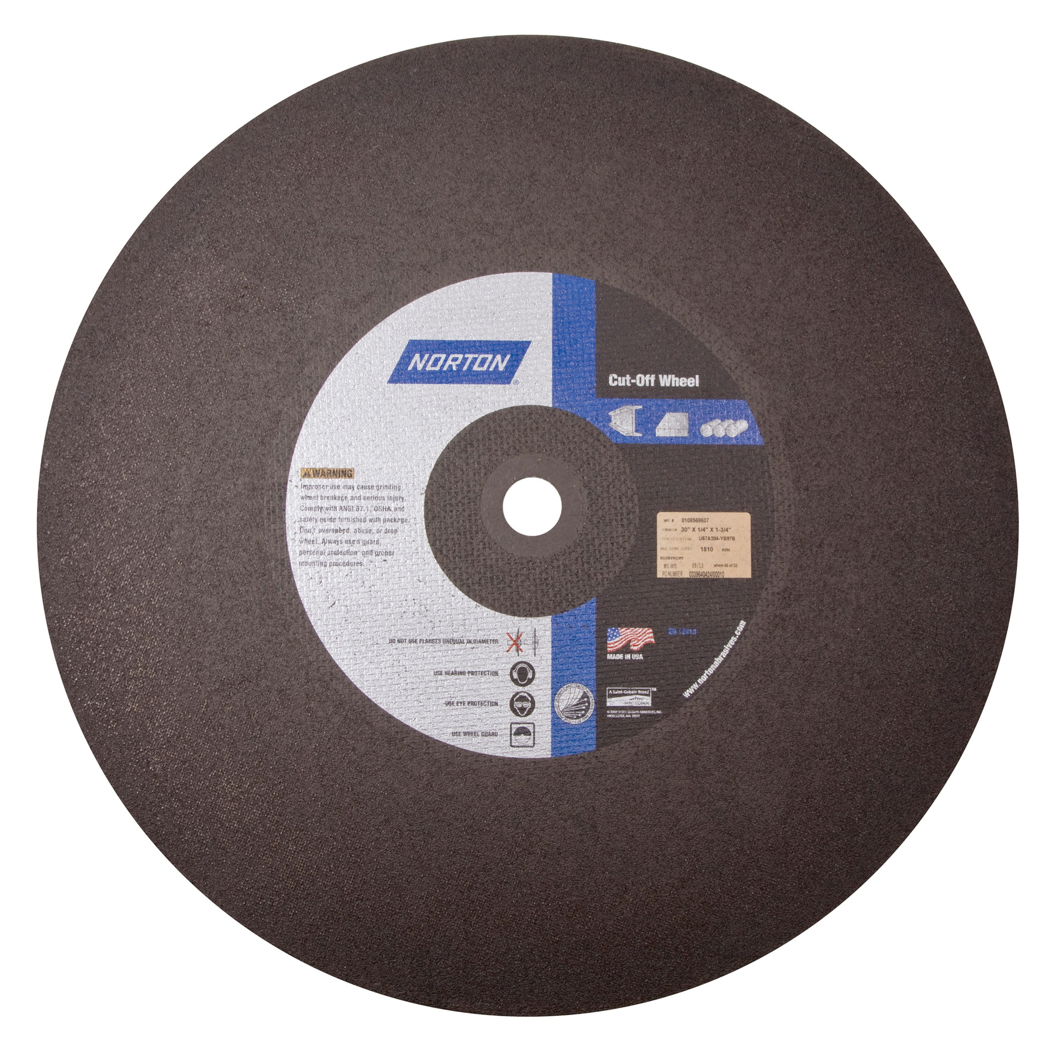Norton®Foundry X™ 66253347721 U57A General Purpose Cut-Off Wheel, 30 in Dia x 1/4 in THK, 1-3/4 in Center Hole, 30 Grit, Aluminum Oxide Abrasive