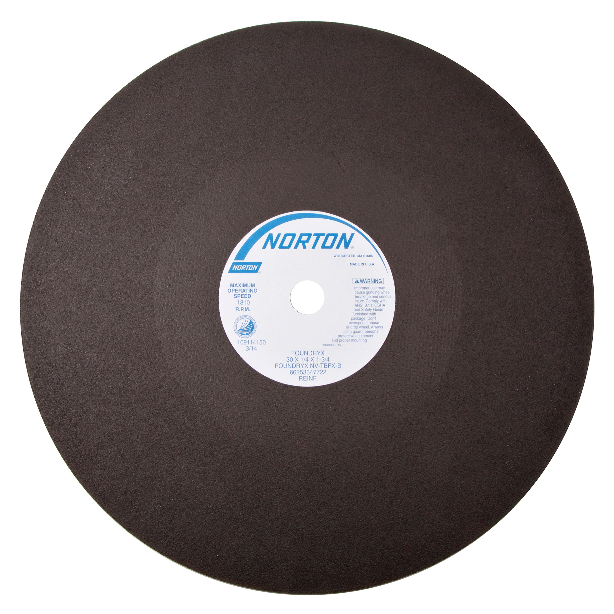 Norton®Foundry X™BlueFire® 66253347722 5NVA Type 01/41 Reinforced Cut-Off Wheel, 30 in Dia x 1/4 in THK, 1-3/4 in Center Hole, 24 Grit, Aluminum Oxide/Zirconia Alumina Abrasive