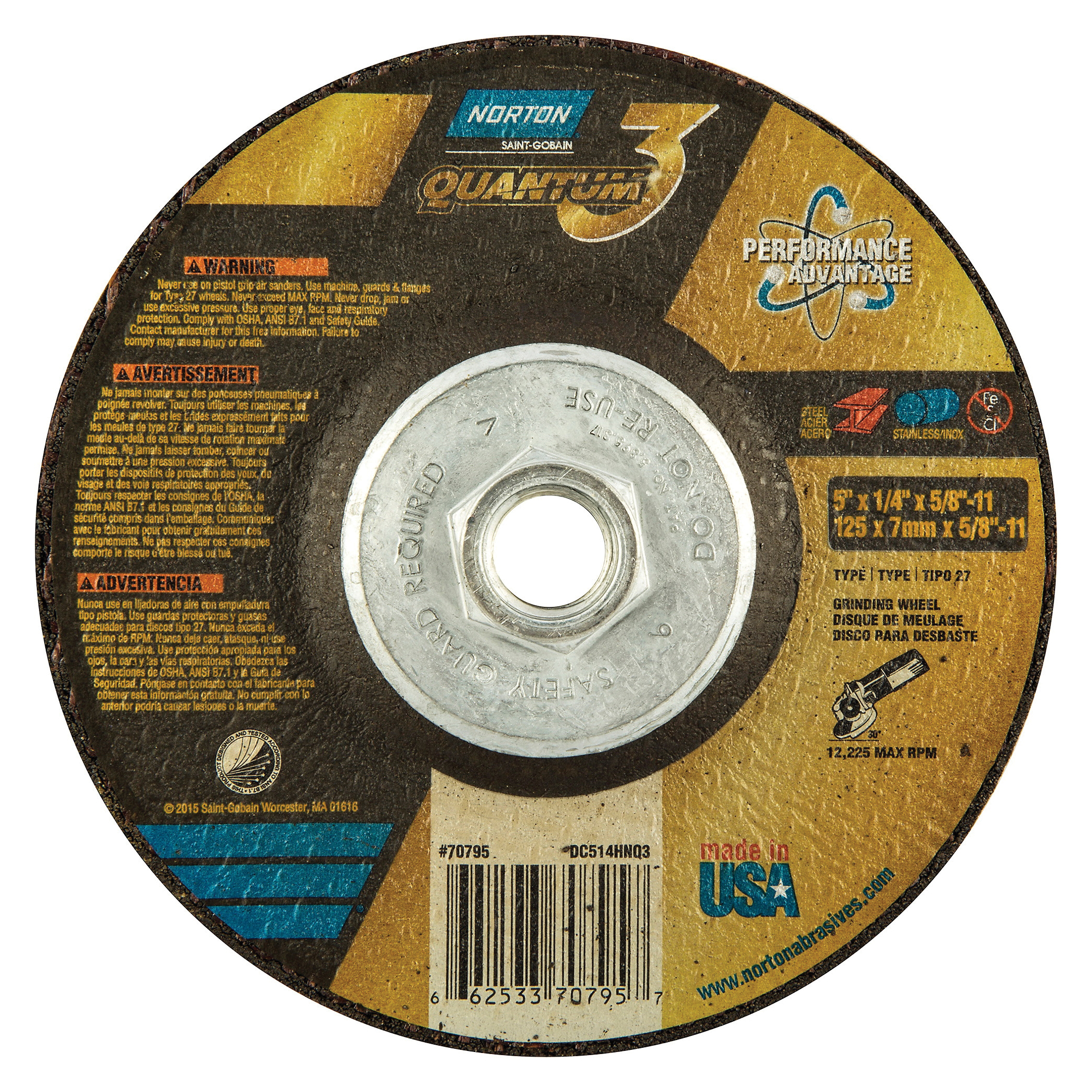 Norton® Quantum™3 66253370795 SG Series Depressed Center Wheel, 5 in Dia x 1/4 in THK, 20 Grit, Ceramic Alumina Abrasive