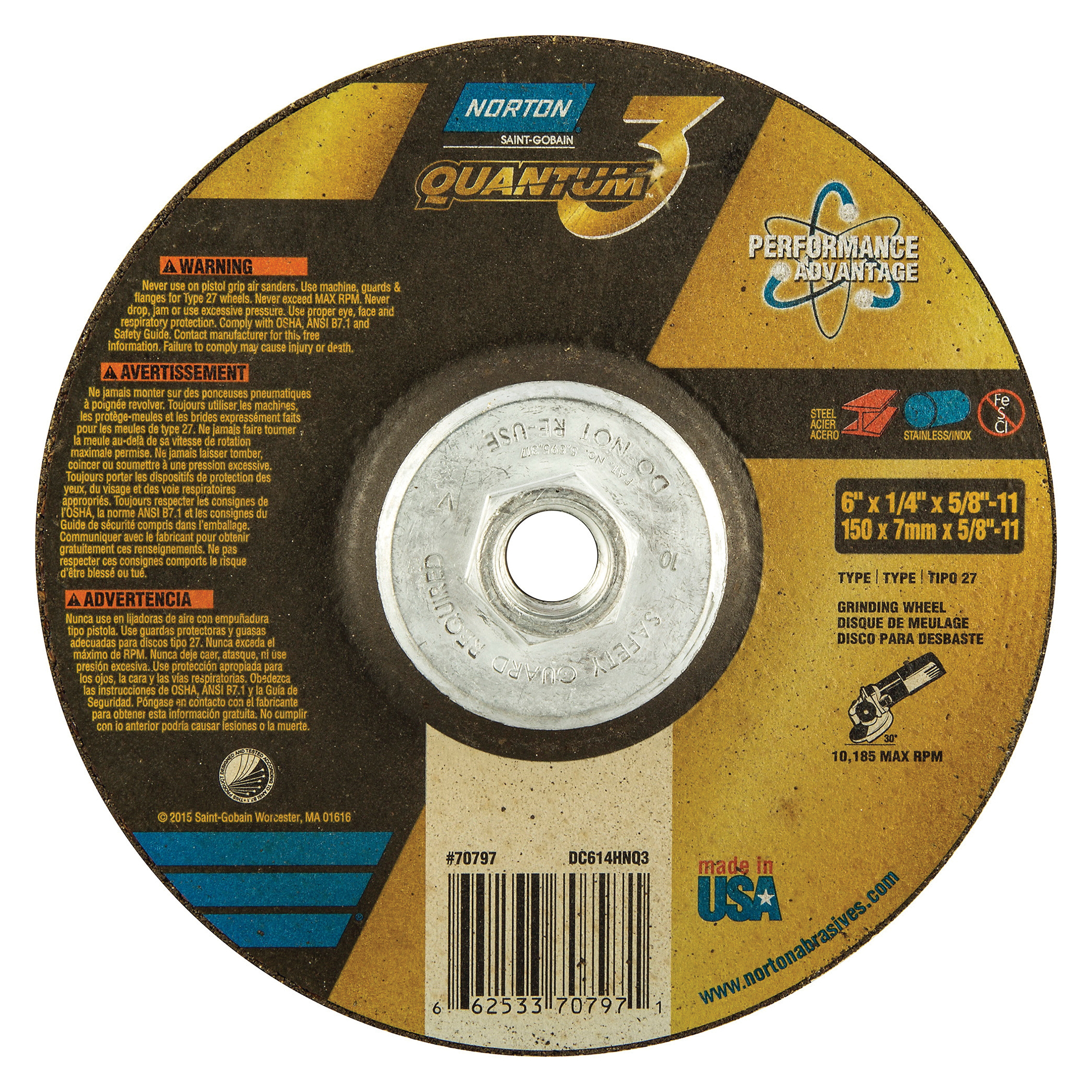 Norton® Quantum™3 66253370797 SG Series Depressed Center Wheel, 6 in Dia x 1/4 in THK, 20 Grit, Ceramic Alumina Abrasive