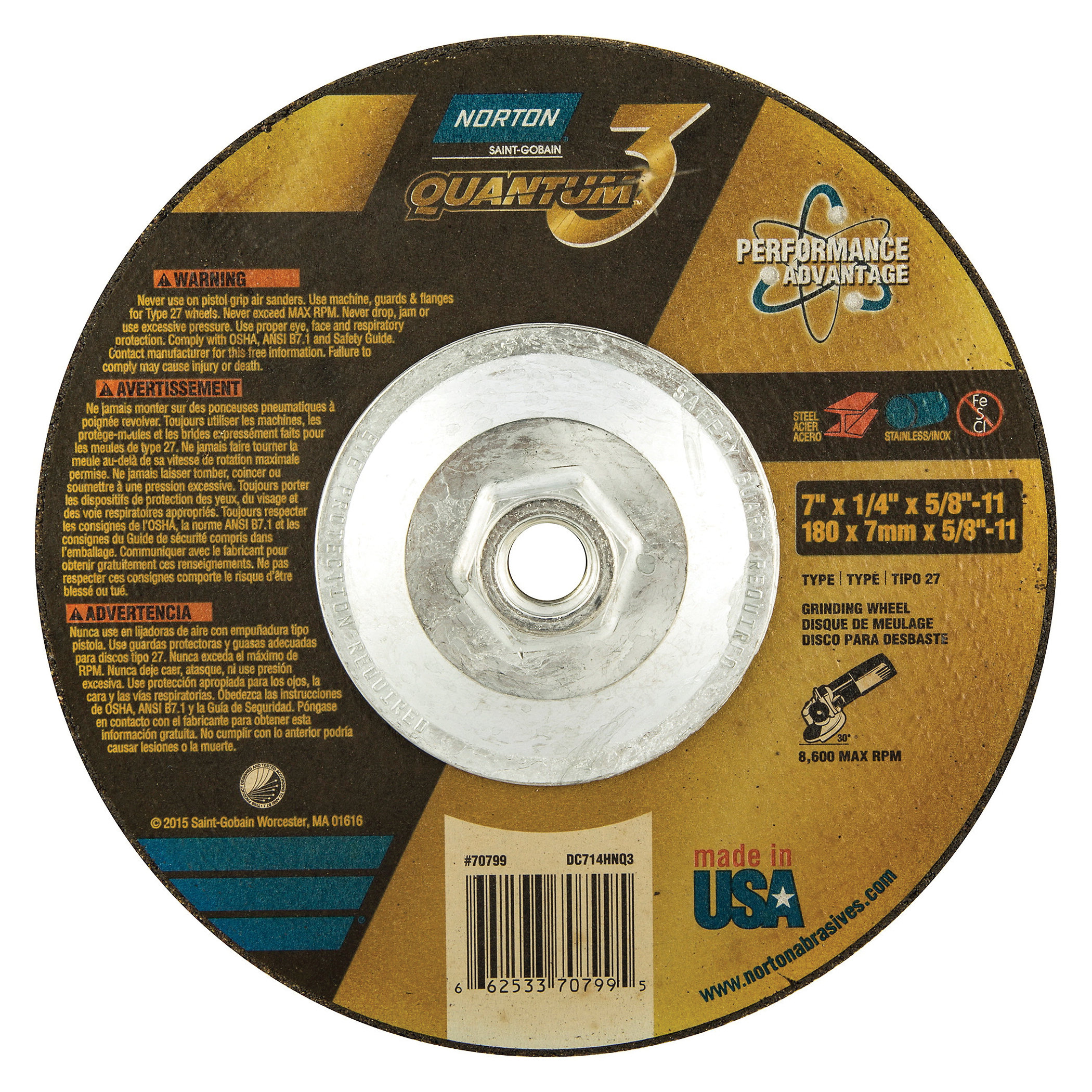Norton® Quantum™3 66253370799 SG Series Depressed Center Wheel, 7 in Dia x 1/4 in THK, 20 Grit, Ceramic Alumina Abrasive