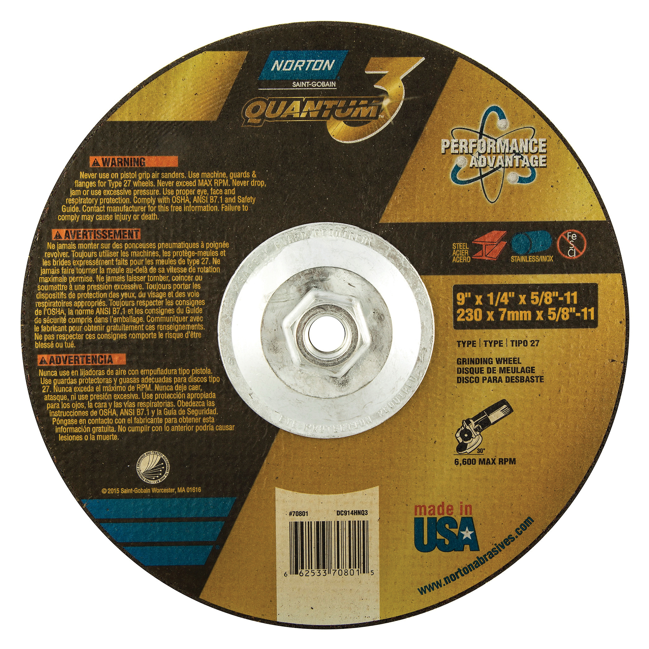 Norton® Quantum™3 66253370801 SG Series Depressed Center Wheel, 9 in Dia x 1/4 in THK, 20 Grit, Ceramic Alumina Abrasive