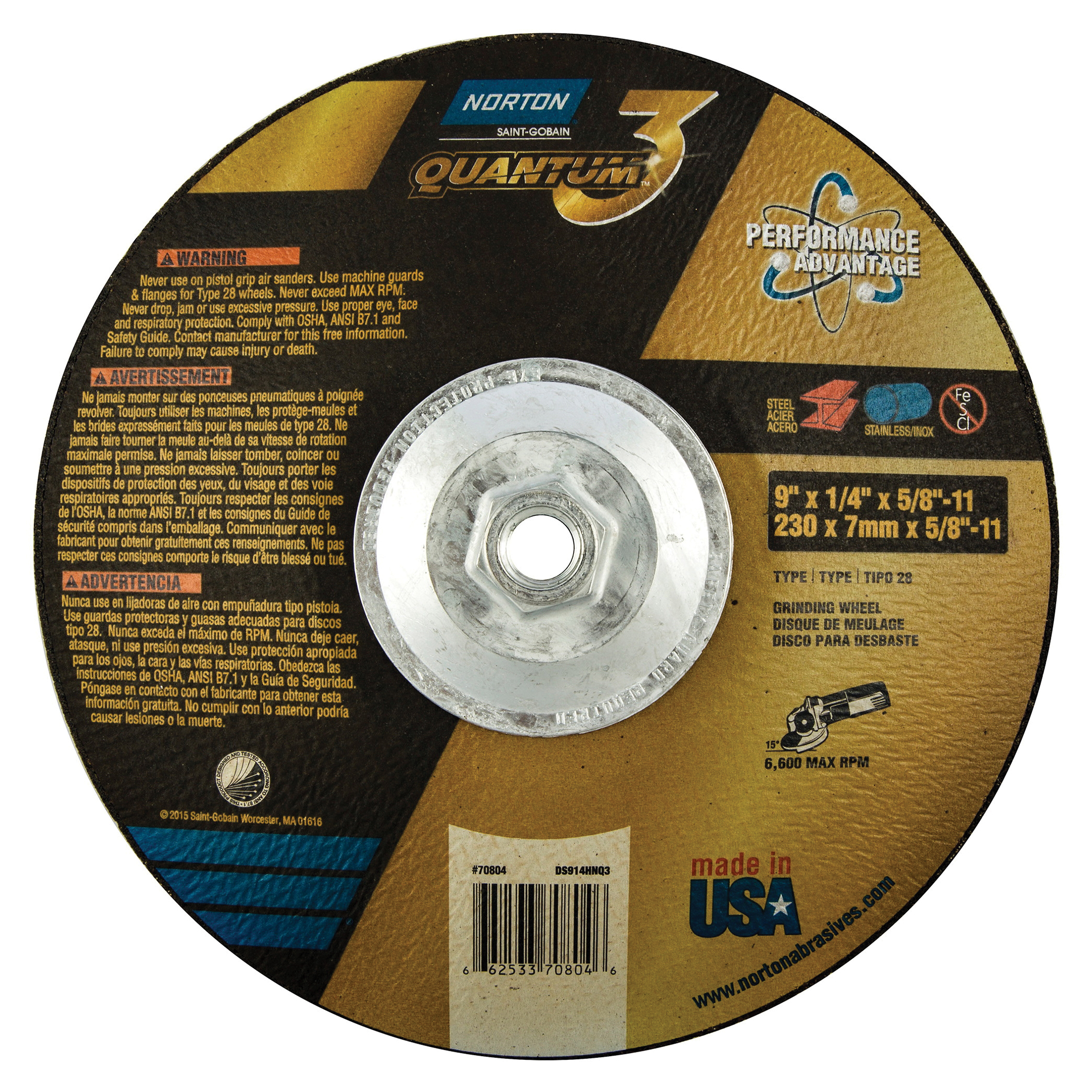 Norton® Quantum™3 66253370804 SG Series Saucer Shape Depressed Centre Saucer Wheel, 9 in Dia x 1/4 in THK, 20 Grit, Ceramic Alumina Abrasive