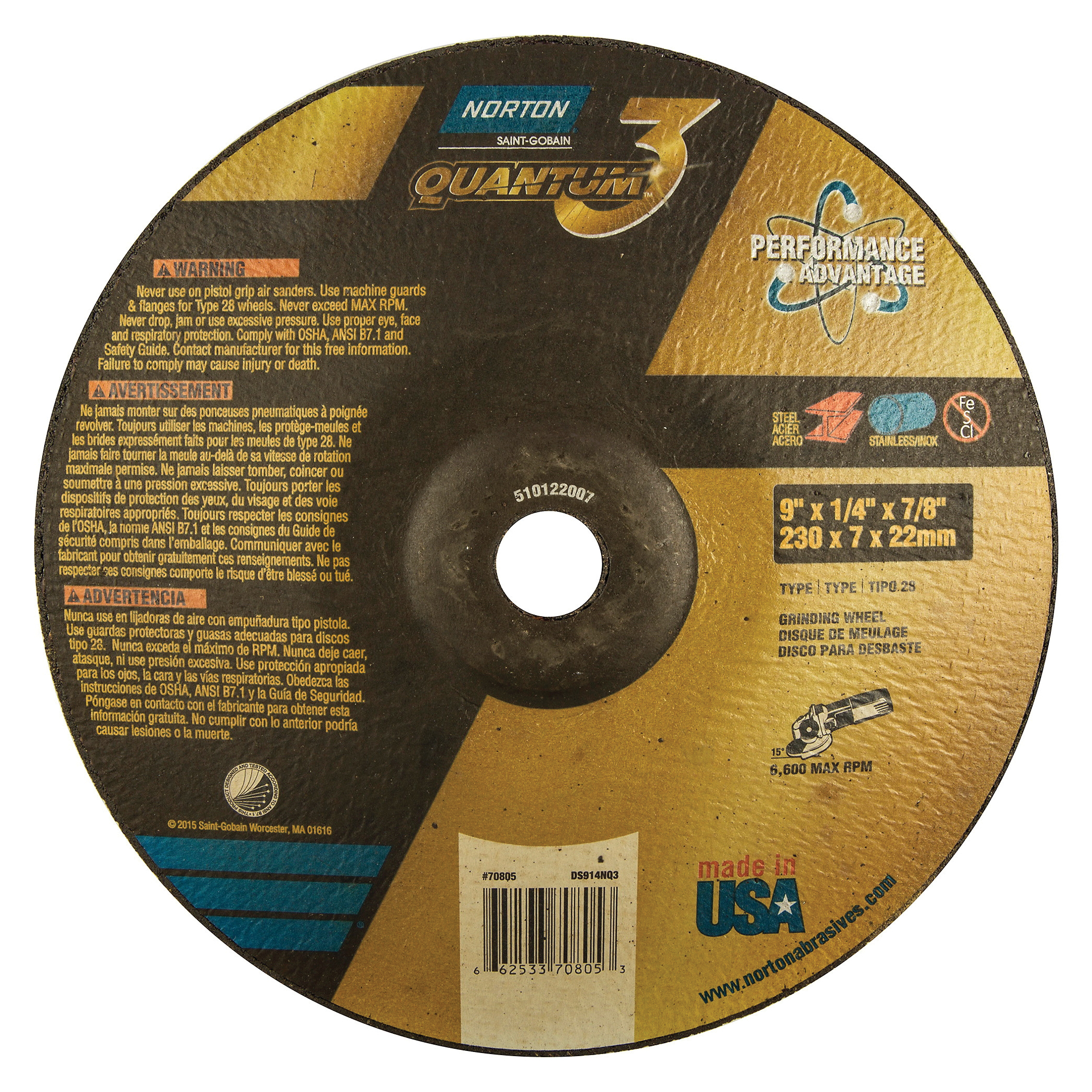 Norton® Quantum™3 66253370805 SG Series Saucer Shape Depressed Centre Saucer Wheel, 9 in Dia x 1/4 in THK, 7/8 in Center Hole, 20 Grit, Ceramic Alumina Abrasive