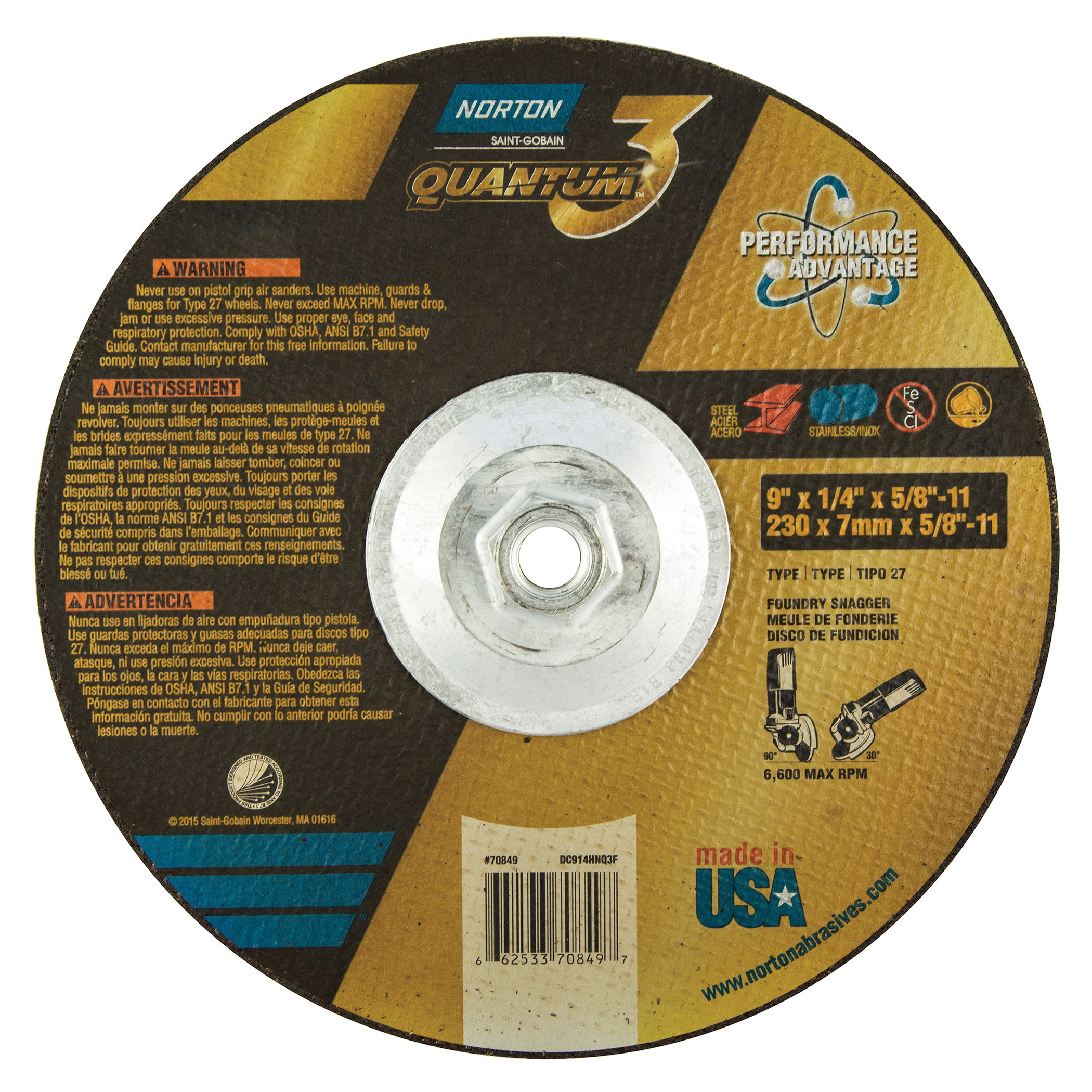Norton® Quantum™3 66253370849 SG Series Depressed Center Wheel, 9 in Dia x 1/4 in THK, 7/8 in Center Hole, 20 Grit, Ceramic Alumina Abrasive