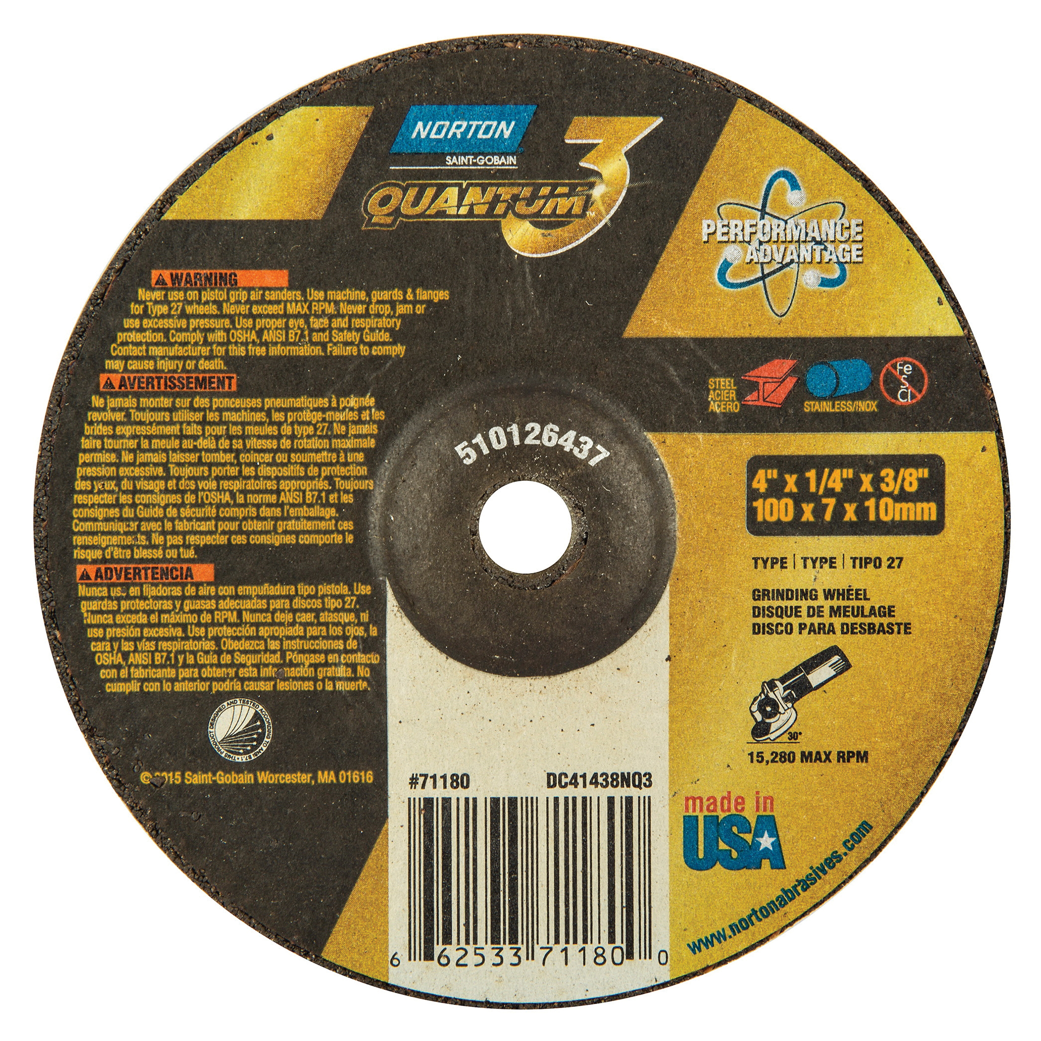 Norton® Quantum™3 66253371180 SG Series Depressed Center Wheel, 4 in Dia x 1/4 in THK, 5/8 in Center Hole, 20 Grit, Ceramic Alumina Abrasive