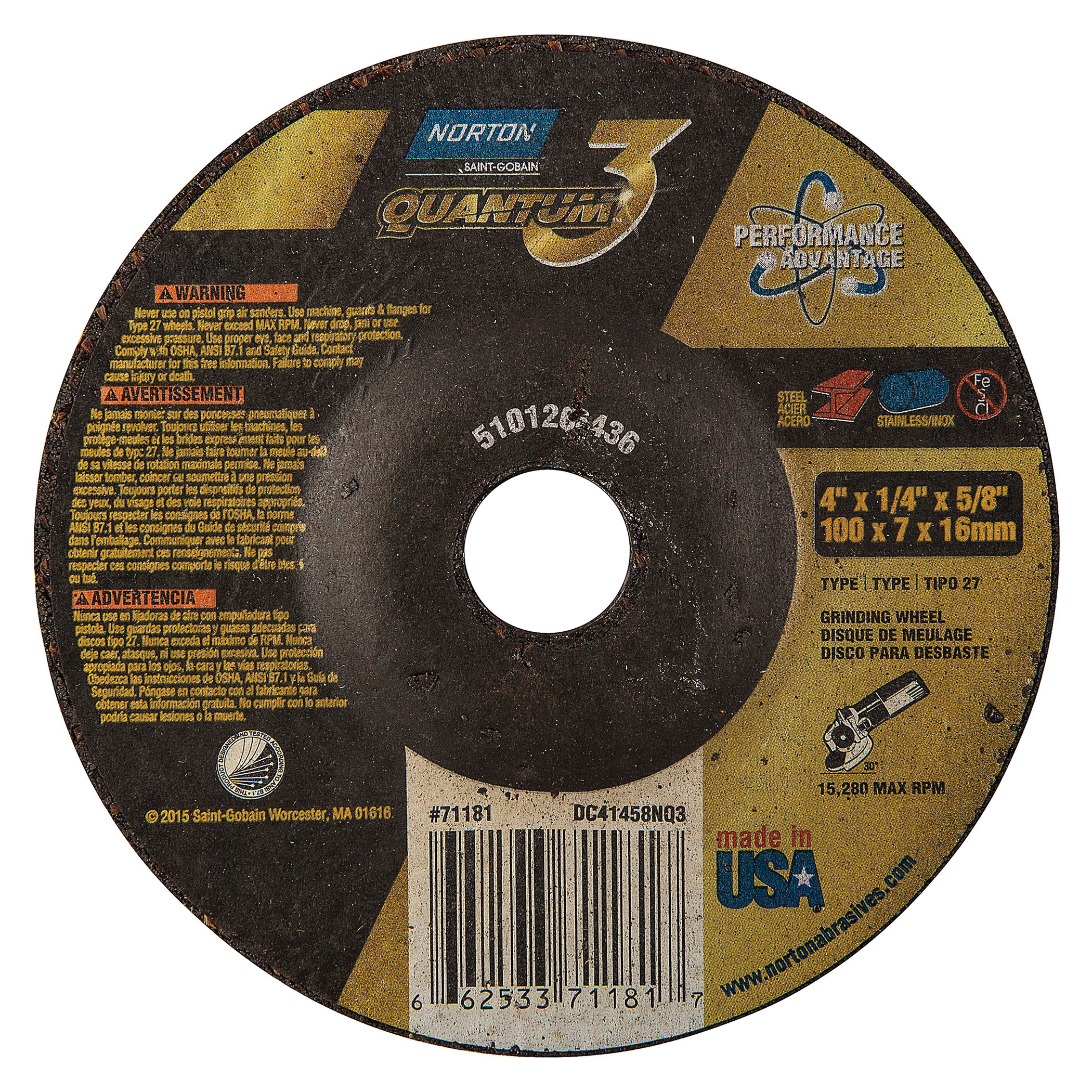 Norton® Quantum™3 66253371181 SG Series Depressed Center Wheel, 4 in Dia x 1/4 in THK, 5/8 in Center Hole, 20 Grit, Ceramic Alumina Abrasive