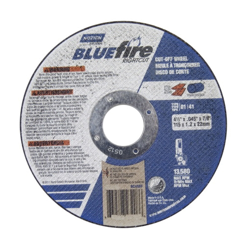 Norton®BlueFire® RightCut™ 66253371660 Small Diameter Cut-Off Wheel, 4-1/2 in Dia x 1/16 in THK, 7/8 in Center Hole, Aluminum Oxide Abrasive