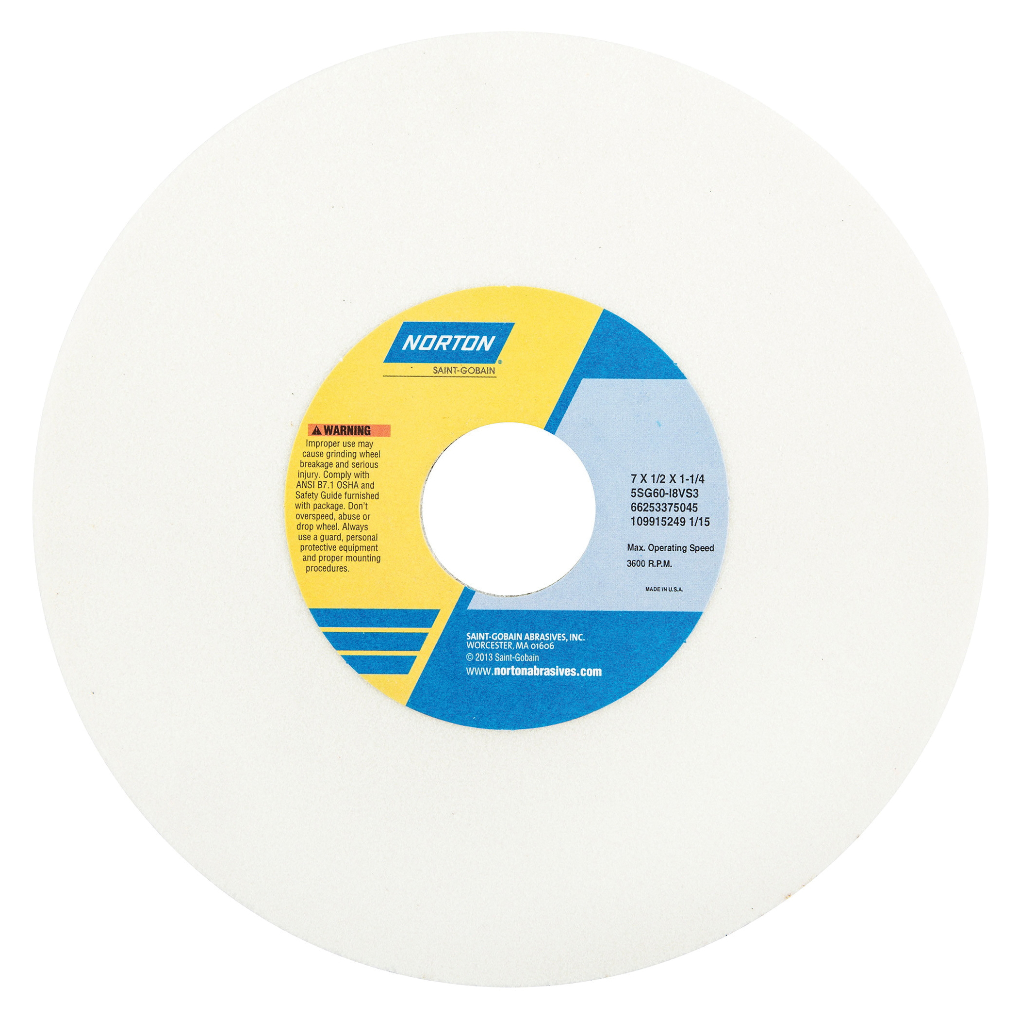 Norton® Vitrium3® 66253375049 5SG Straight Toolroom Wheel, 7 in Dia x 1/2 in THK, 1-1/4 in Center Hole, 46 Grit, Ceramic Alumina/Friable Aluminum Oxide Abrasive