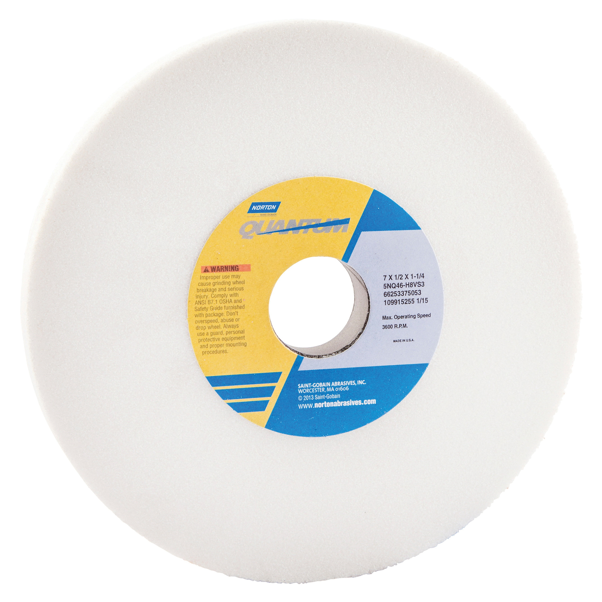 Norton® Quantum™ 66253375052 5NQ Straight Toolroom Wheel, 7 in Dia x 1/2 in THK, 1-1/4 in Center Hole, 46 Grit, Ceramic Alumina Abrasive