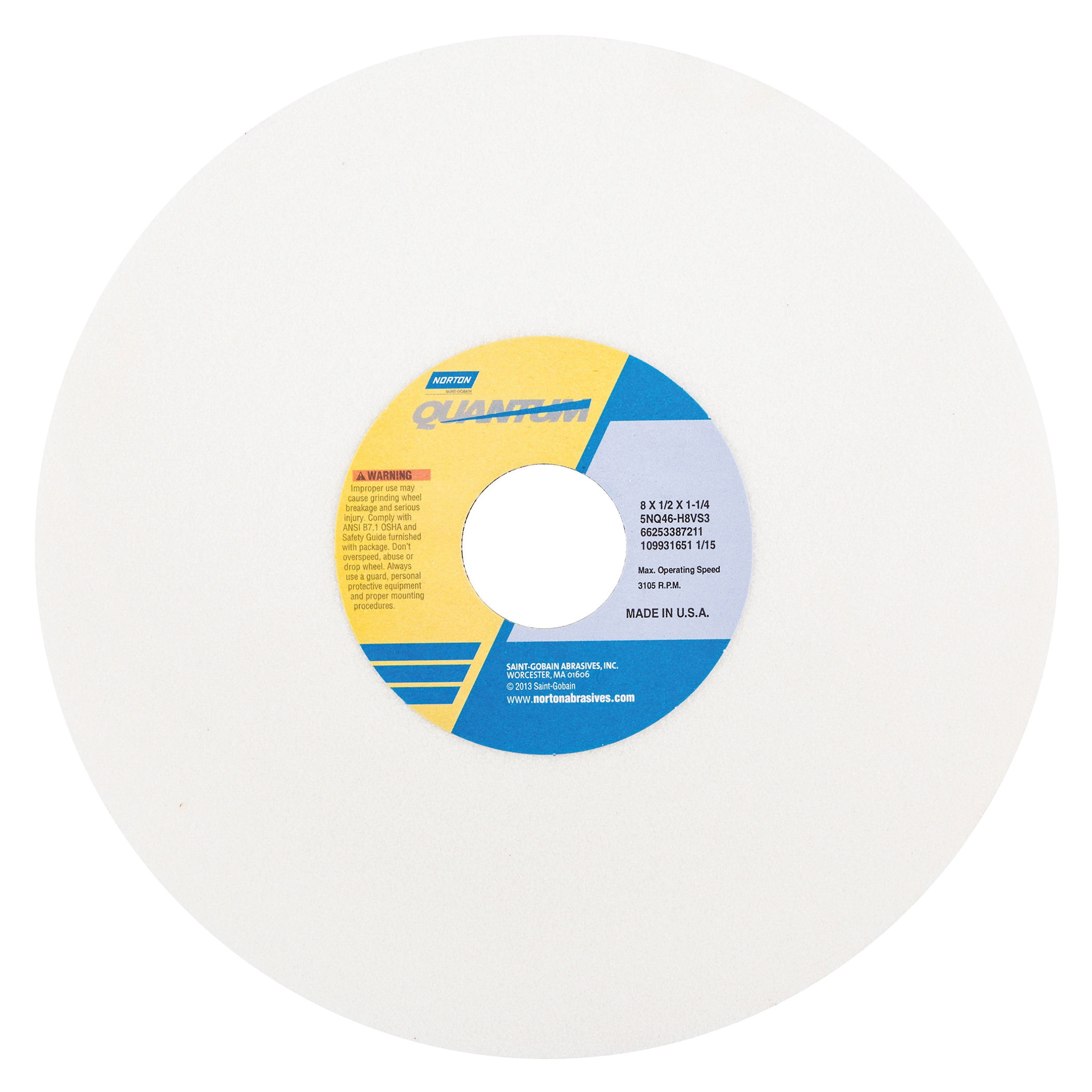 Norton® Quantum™ 66253387211 5NQ Straight Toolroom Wheel, 8 in Dia x 1/2 in THK, 1-1/4 in Center Hole, 46 Grit, Ceramic Alumina Abrasive