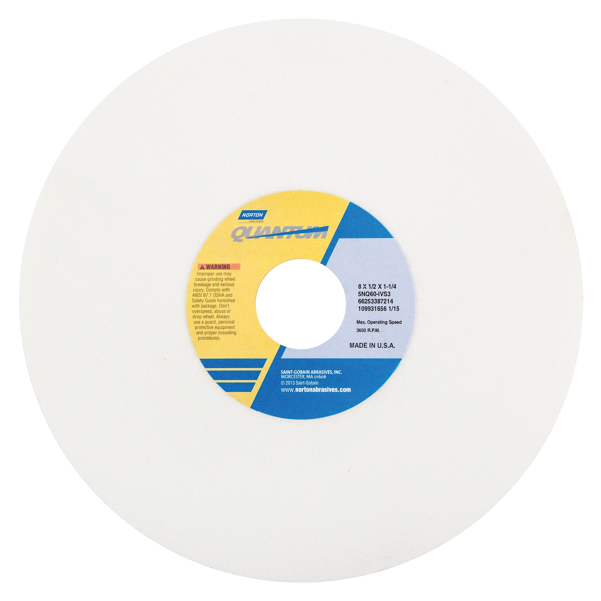 Norton® Quantum™ 66253387214 5NQ Straight Toolroom Wheel, 8 in Dia x 1/2 in THK, 1-1/4 in Center Hole, 60 Grit, Ceramic Alumina Abrasive