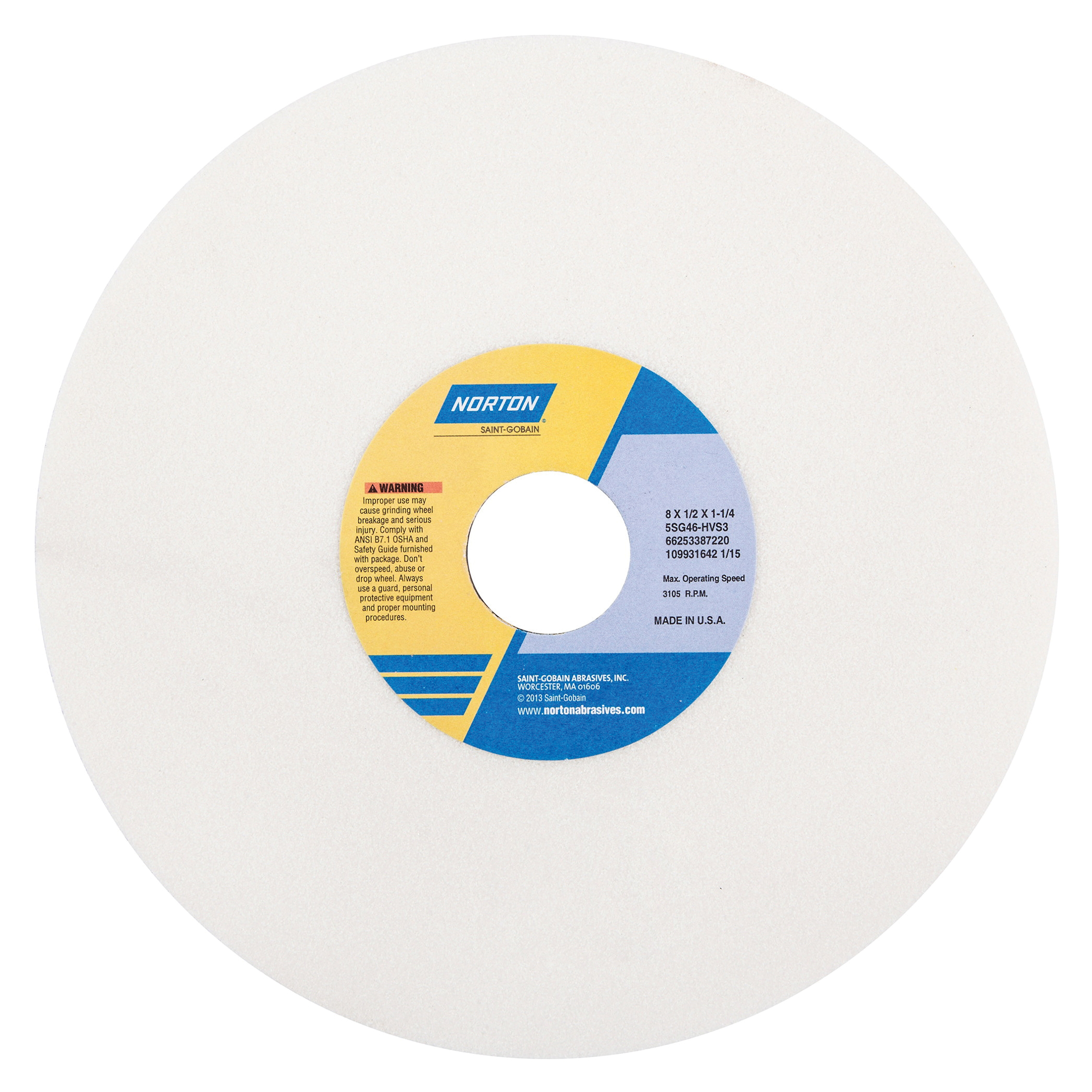 Norton® Vitrium3® 66253387220 5SG Straight Toolroom Wheel, 8 in Dia x 1/2 in THK, 1-1/4 in Center Hole, 46 Grit, Ceramic Alumina/Friable Aluminum Oxide Abrasive