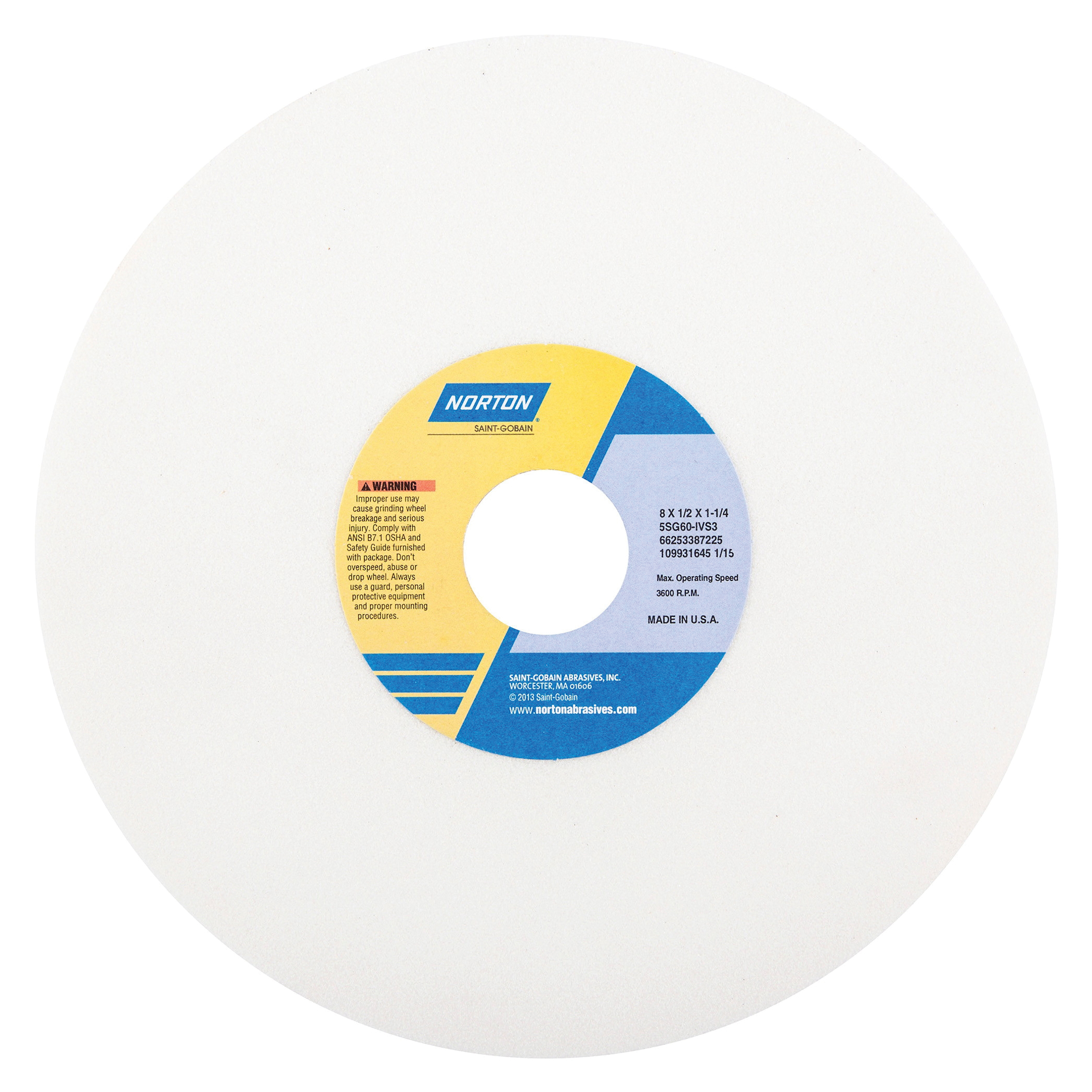 Norton® Vitrium3® 66253387225 5SG Straight Toolroom Wheel, 8 in Dia x 1/2 in THK, 1-1/4 in Center Hole, 60 Grit, Ceramic Alumina/Friable Aluminum Oxide Abrasive