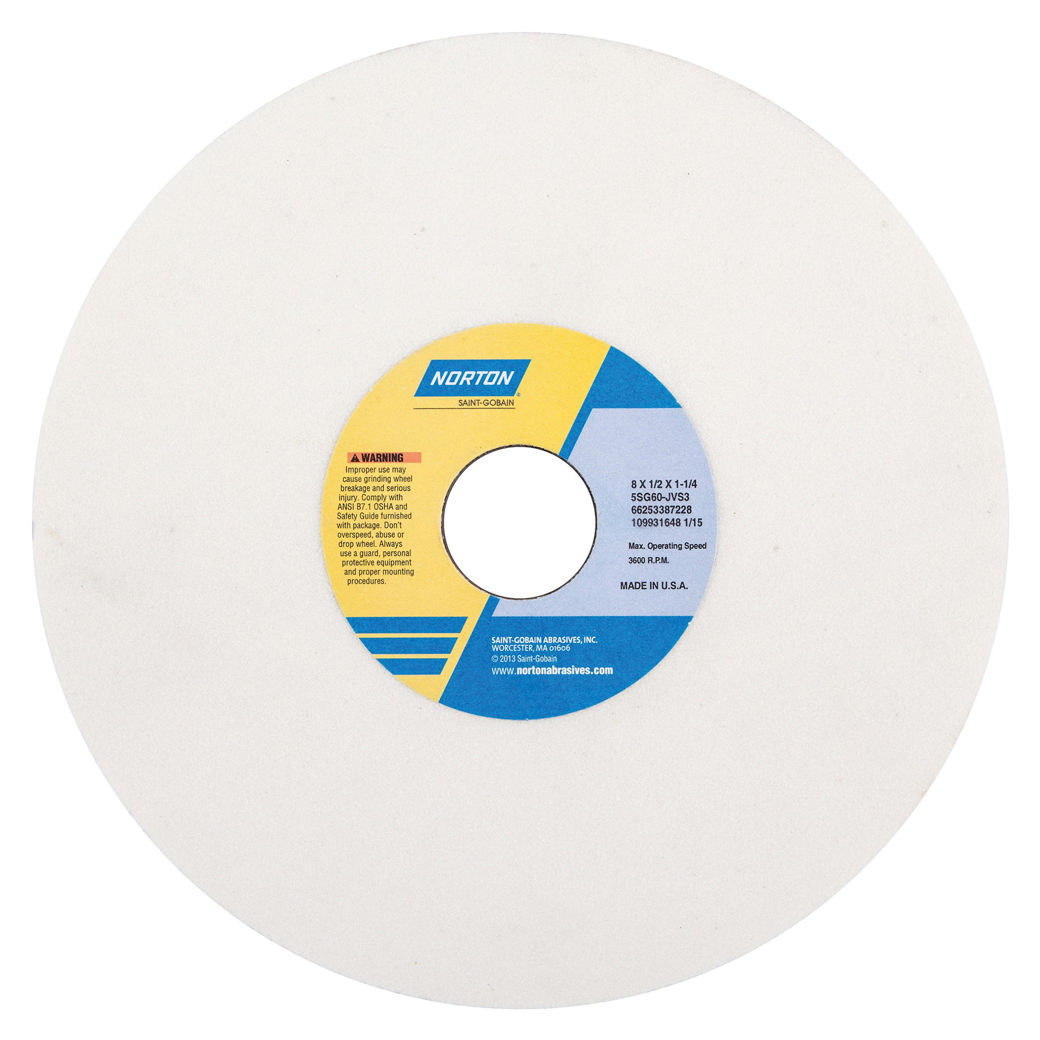 Norton® Vitrium3® 66253387228 5SG Straight Toolroom Wheel, 8 in Dia x 1/2 in THK, 1-1/4 in Center Hole, 60 Grit, Ceramic Alumina/Friable Aluminum Oxide Abrasive