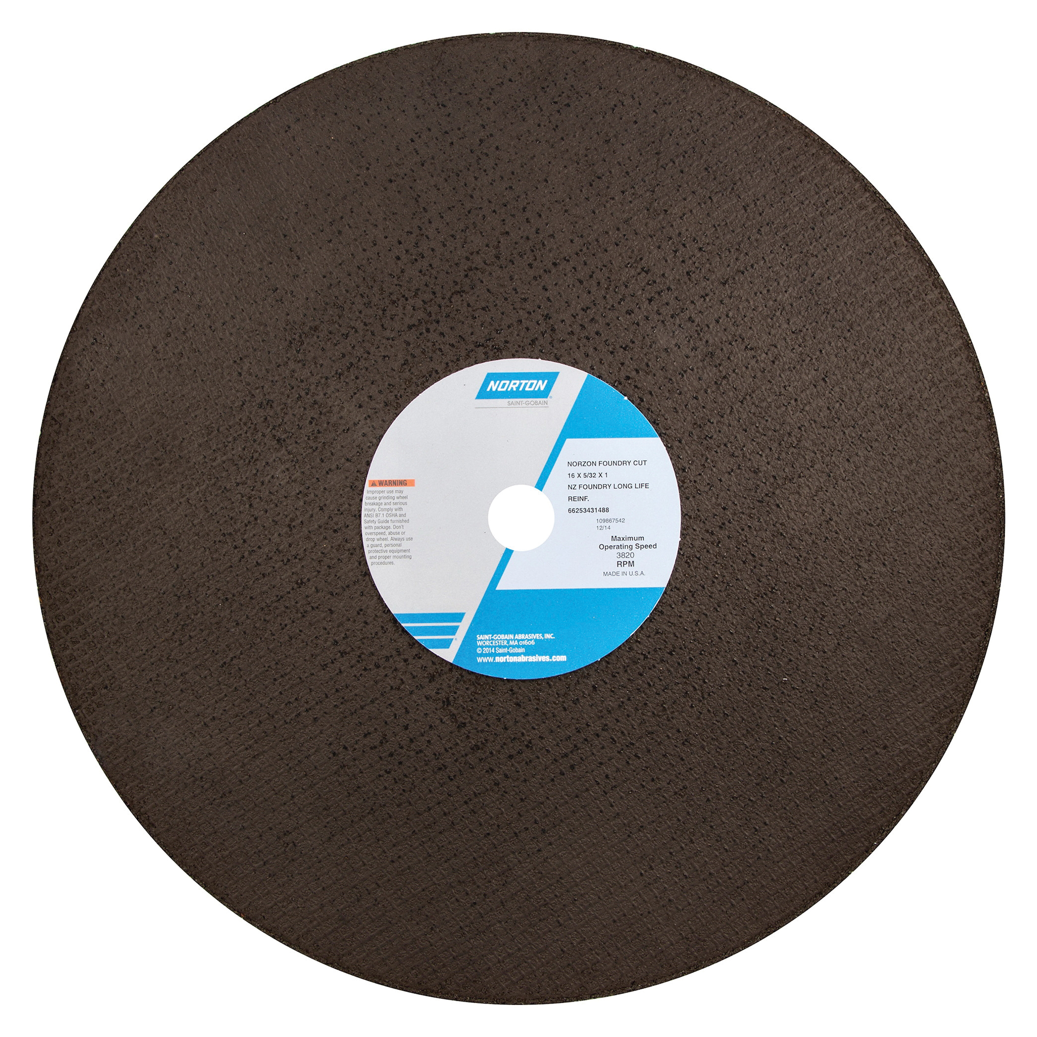 Norton®NorZon®Foundry™ 66253431488 4NZ Long Life Cut-Off Wheel, 16 in Dia x 5/32 in THK, 1 in Center Hole, Zirconia Alumina Abrasive