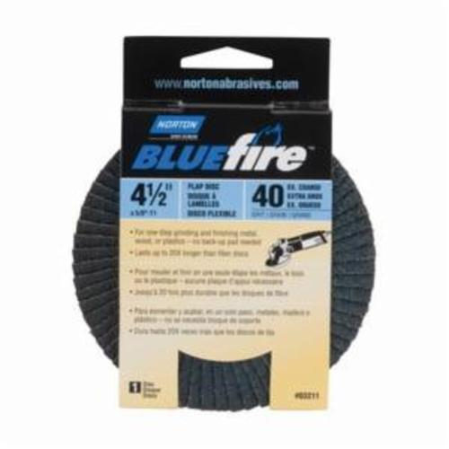 Norton® BlueFire® 66254461167 R884P Arbor Thread Standard Density Coated Abrasive Flap Disc, 4-1/2 in Dia, P40 Grit, Extra Coarse Grade, Zirconia Alumina Plus Abrasive, Type 29 Conical Disc