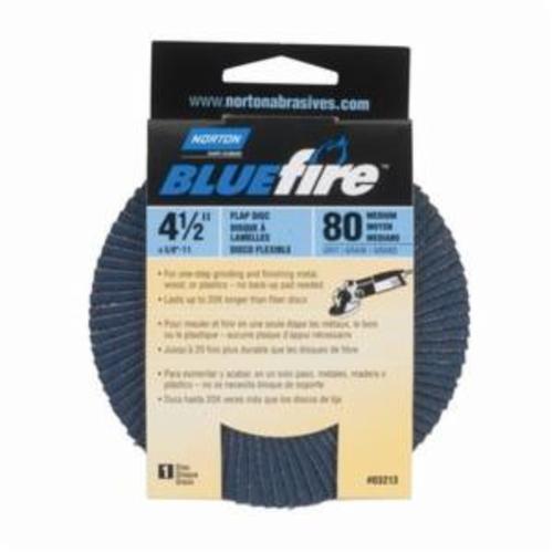 Norton® BlueFire® 66254461173 R884P Arbor Thread Standard Density Coated Abrasive Flap Disc, 4-1/2 in Dia, P80 Grit, Coarse Grade, Zirconia Alumina Plus Abrasive, Type 29 Conical Disc