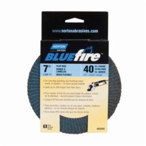 Norton® BlueFire® 66254461190 R884P Arbor Thread Standard Density Coated Abrasive Flap Disc, 7 in Dia, P40 Grit, Extra Coarse Grade, Zirconia Alumina Plus Abrasive, Type 29 Conical Disc
