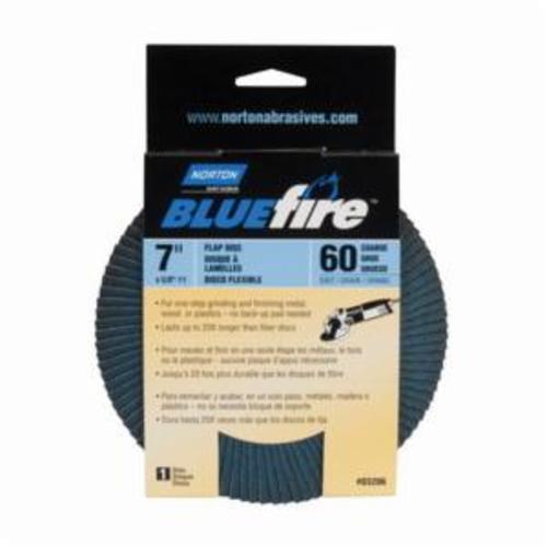 Norton® BlueFire® 66254461192 R884P Arbor Thread Standard Density Coated Abrasive Flap Disc, 7 in Dia, P60 Grit, Coarse Grade, Zirconia Alumina Plus Abrasive, Type 29 Conical Disc