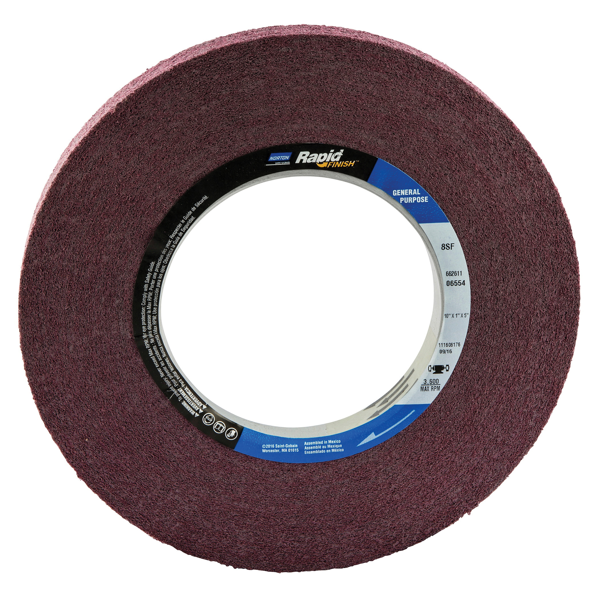 Norton® Bear-Tex® Rapid Finish™ 66261106554 Convolute Non-Woven Abrasive Wheel, 10 in Dia, 5 in Center Hole, 1 in W Face, Fine Grade, Silicon Carbide Abrasive