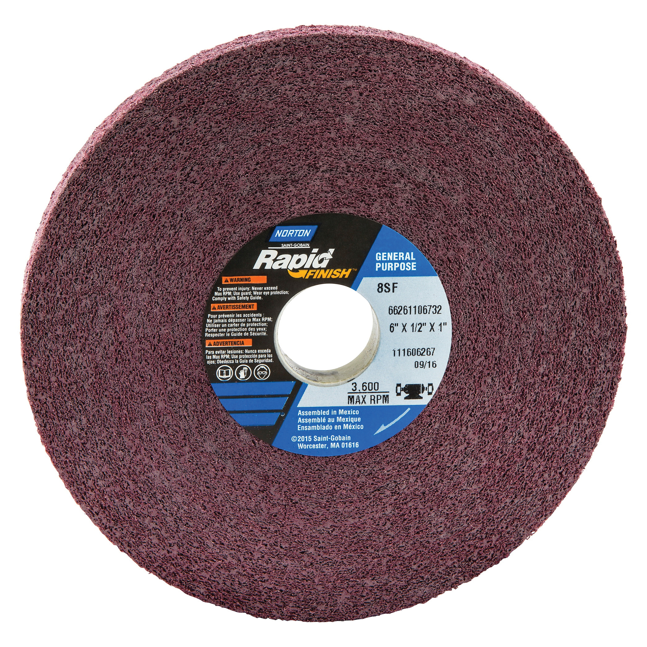 Norton® Bear-Tex® Rapid Finish™ 66261106732 Convolute Non-Woven Abrasive Wheel, 6 in Dia, 1 in Center Hole, 1/2 in W Face, Fine Grade, Silicon Carbide Abrasive