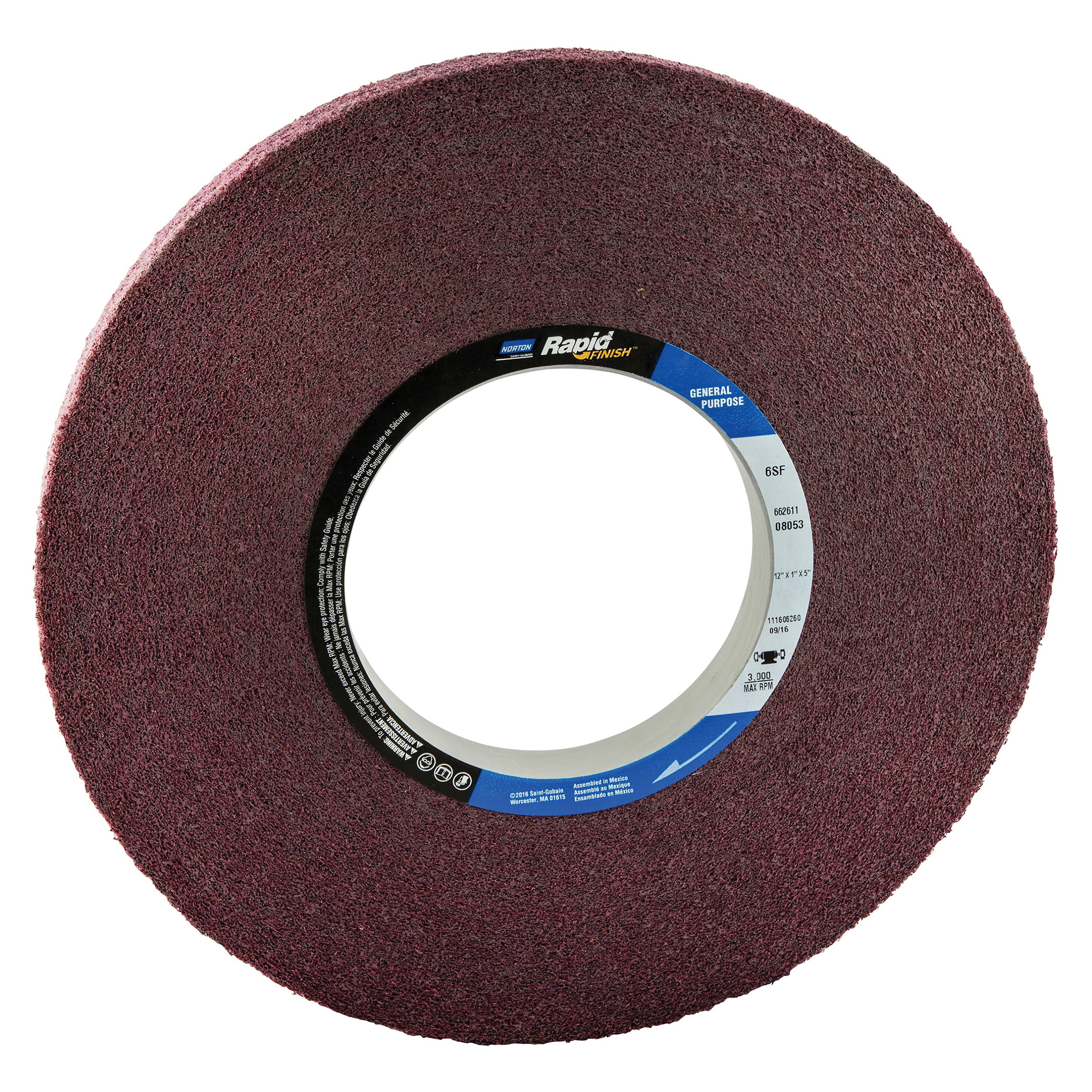 Norton® Bear-Tex® Rapid Finish™ 66261108053 Convolute Non-Woven Abrasive Wheel, 12 in Dia, 5 in Center Hole, 1 in W Face, Fine Grade, Silicon Carbide Abrasive