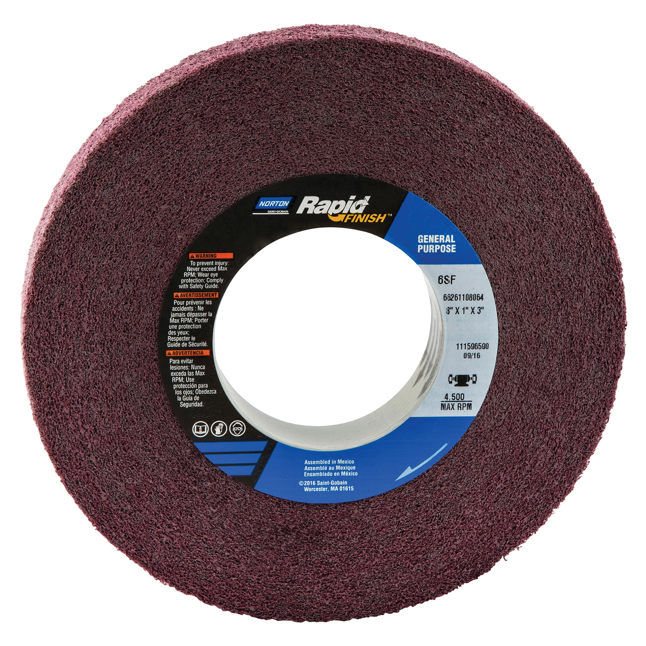 Norton® Bear-Tex® Rapid Finish™ 66261108064 Convolute Non-Woven Abrasive Wheel, 8 in Dia, 3 in Center Hole, 1 in W Face, Fine Grade, Silicon Carbide Abrasive