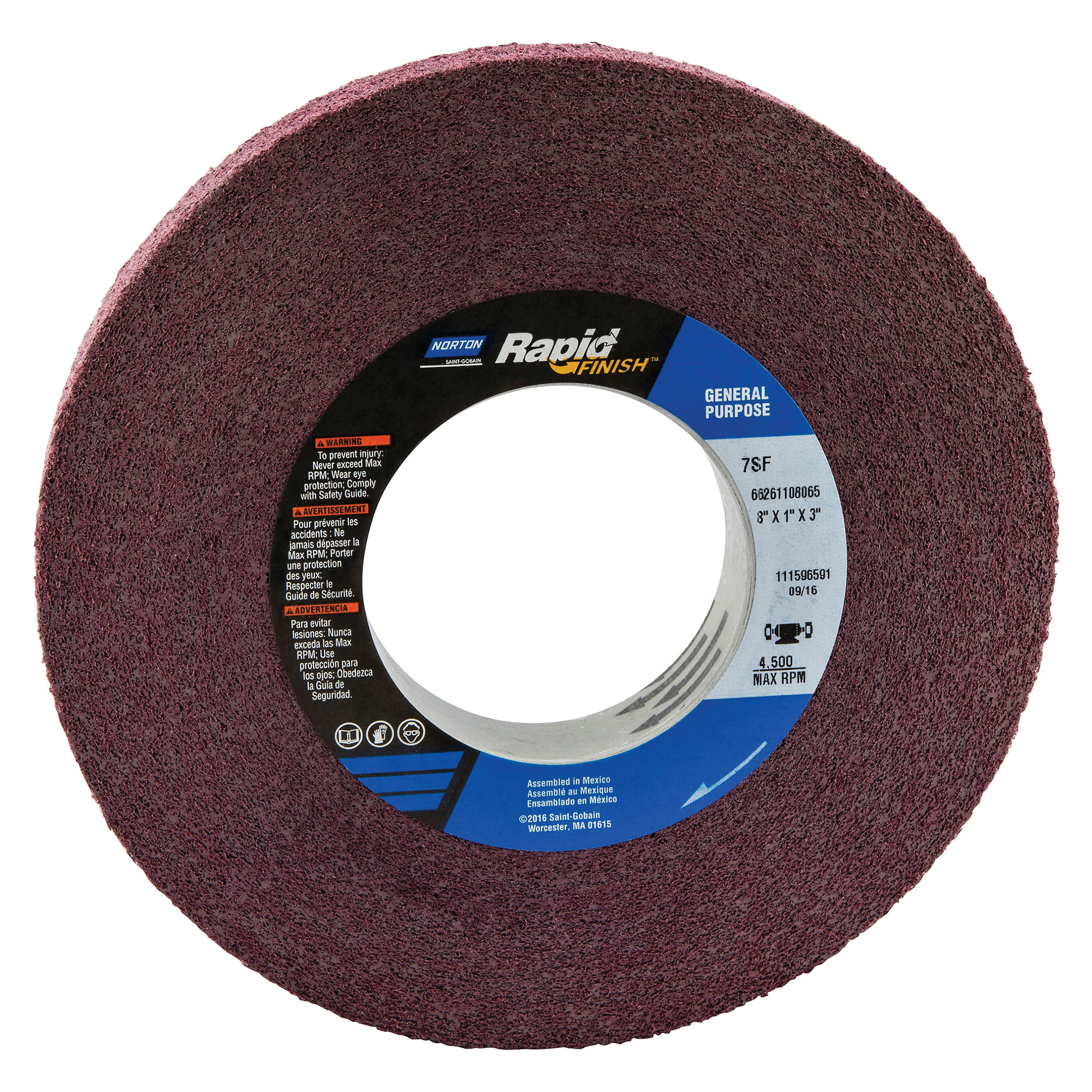 Norton® Bear-Tex® Rapid Finish™ 66261108065 Convolute Non-Woven Abrasive Wheel, 8 in Dia, 3 in Center Hole, 1 in W Face, Fine Grade, Silicon Carbide Abrasive