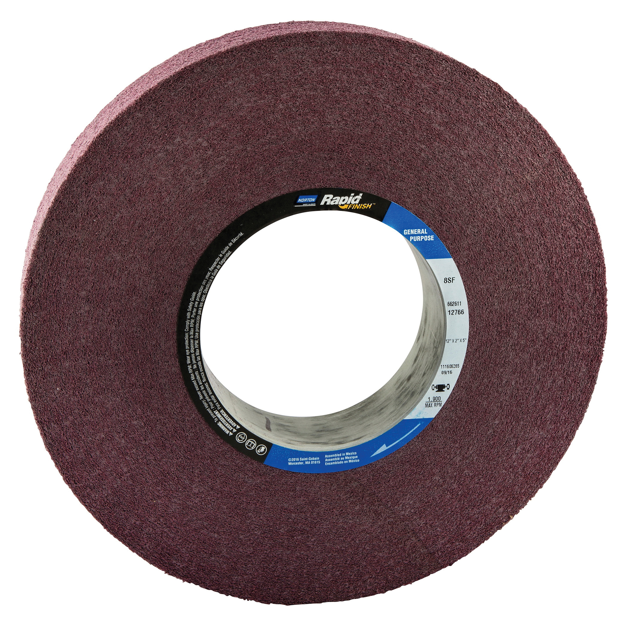 Norton® Bear-Tex® Rapid Finish™ 66261112766 Convolute Non-Woven Abrasive Wheel, 12 in Dia, 5 in Center Hole, 2 in W Face, Fine Grade, Silicon Carbide Abrasive