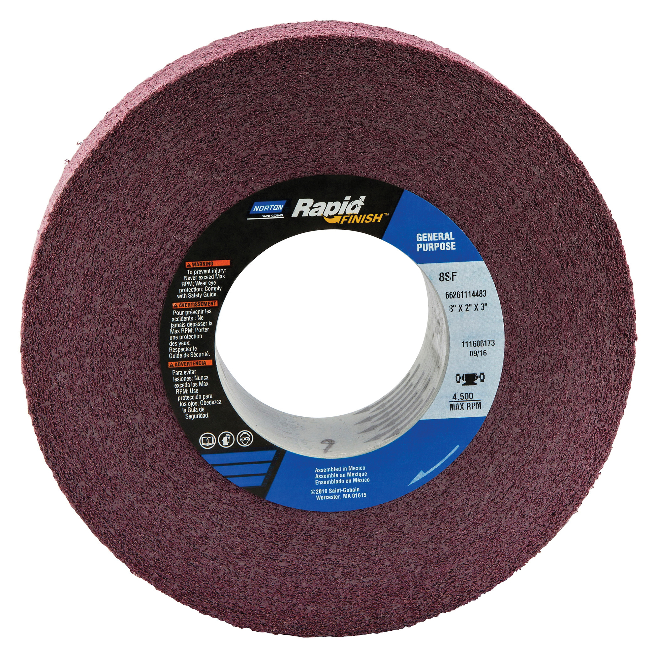 Norton® Bear-Tex® Rapid Finish™ 66261114483 Convolute Non-Woven Abrasive Wheel, 8 in Dia, 3 in Center Hole, 2 in W Face, Fine Grade, Silicon Carbide Abrasive