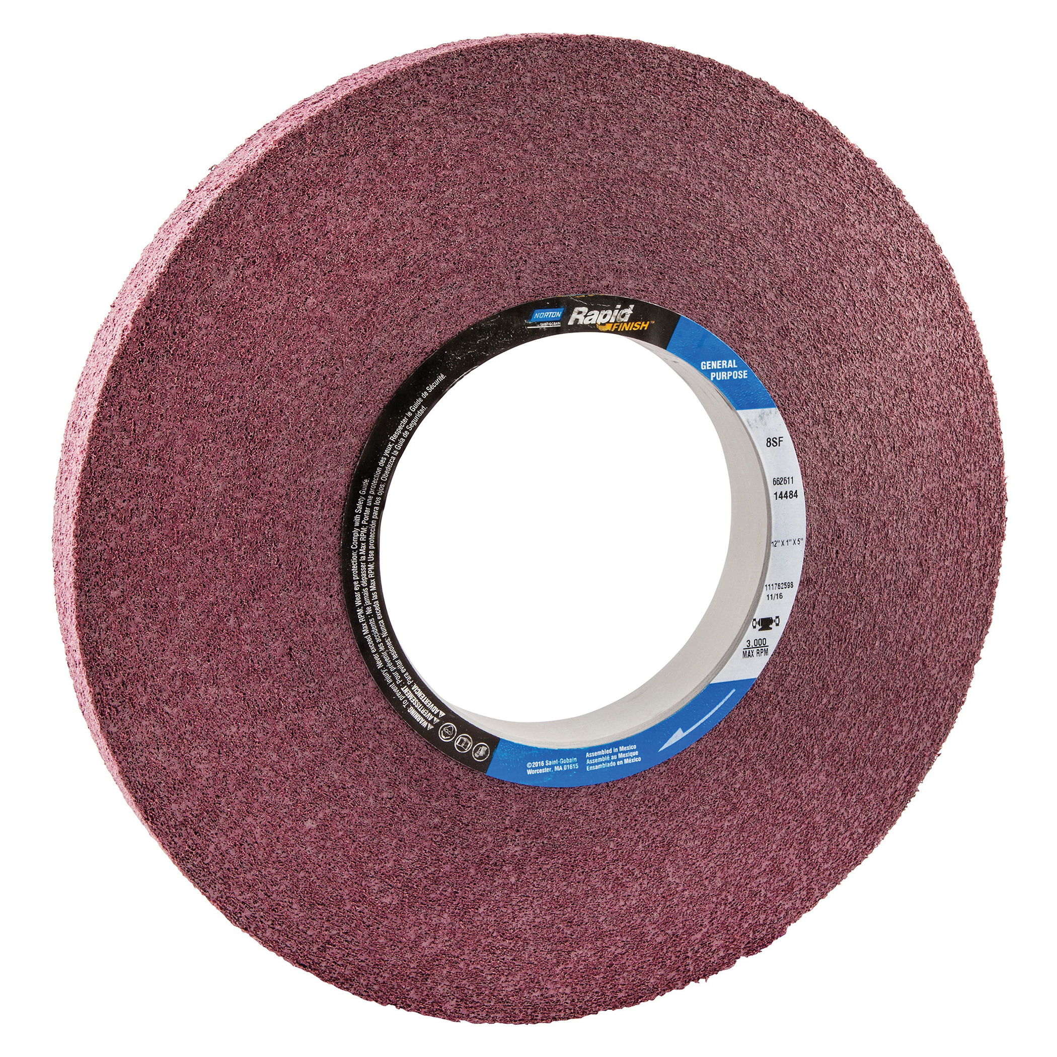 Norton® Bear-Tex® Rapid Finish™ 66261114484 Convolute Non-Woven Abrasive Wheel, 12 in Dia, 5 in Center Hole, 1 in W Face, Fine Grade, Silicon Carbide Abrasive