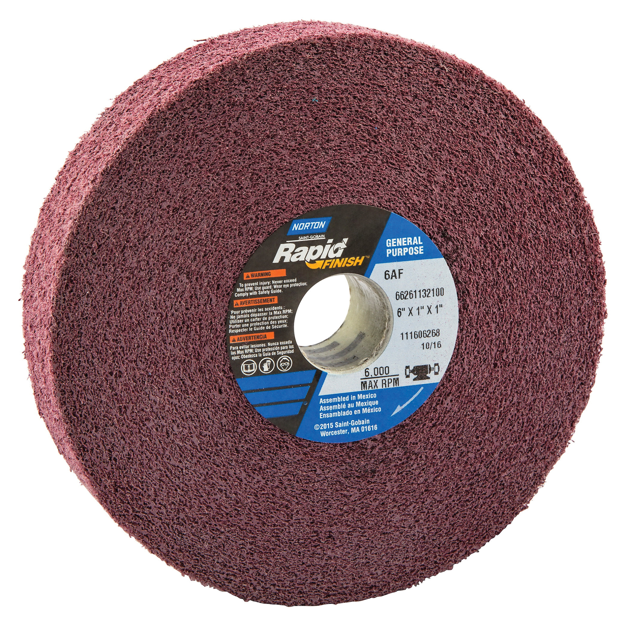 Norton® Bear-Tex® Rapid Finish™ 66261132100 Convolute Non-Woven Abrasive Wheel, 6 in Dia, 1 in Center Hole, 1 in W Face, Fine Grade, Aluminum Oxide Abrasive