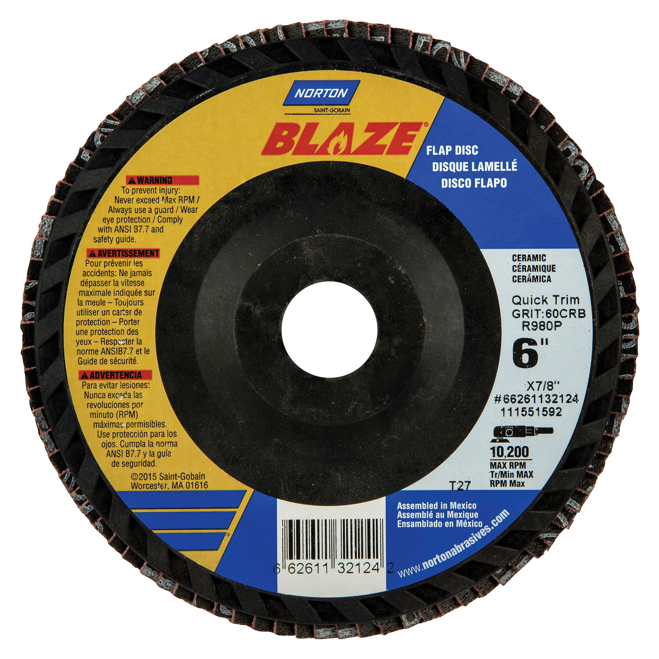 Norton® Blaze® 66261132124 R980P Center Mount Standard Density Coated Abrasive Flap Disc, 6 in Dia, 7/8 in Center Hole, 60 Grit, Coarse Grade, Premium Ceramic Alumina Abrasive, Type 27 Flat Disc