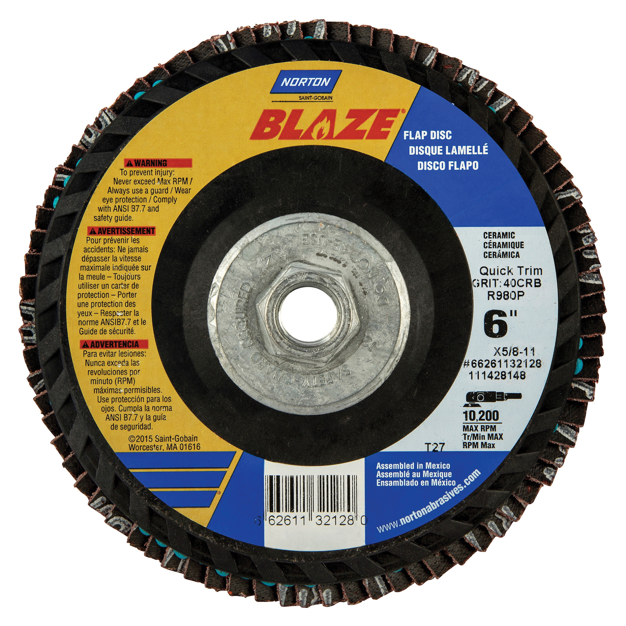 Norton® Blaze® 66261132128 R980P Arbor Thread Standard Density Coated Abrasive Flap Disc, 6 in Dia, 40 Grit, Extra Coarse Grade, Premium Ceramic Alumina Abrasive, Type 27 Flat Disc