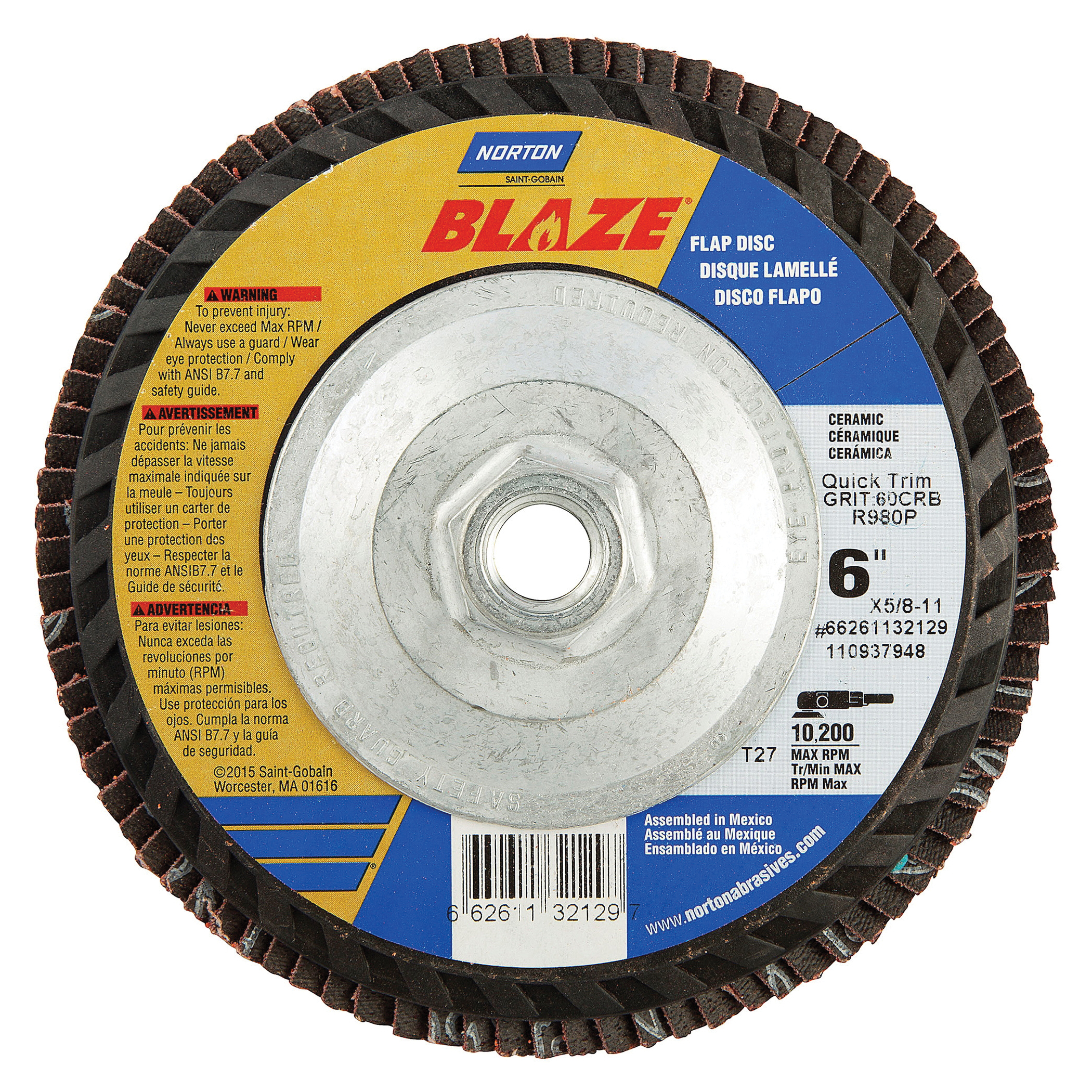 Norton® Blaze® 66261132130 R980P Arbor Thread Standard Density Coated Abrasive Flap Disc, 6 in Dia, 80 Grit, Coarse Grade, Premium Ceramic Alumina Abrasive, Type 27 Flat Disc