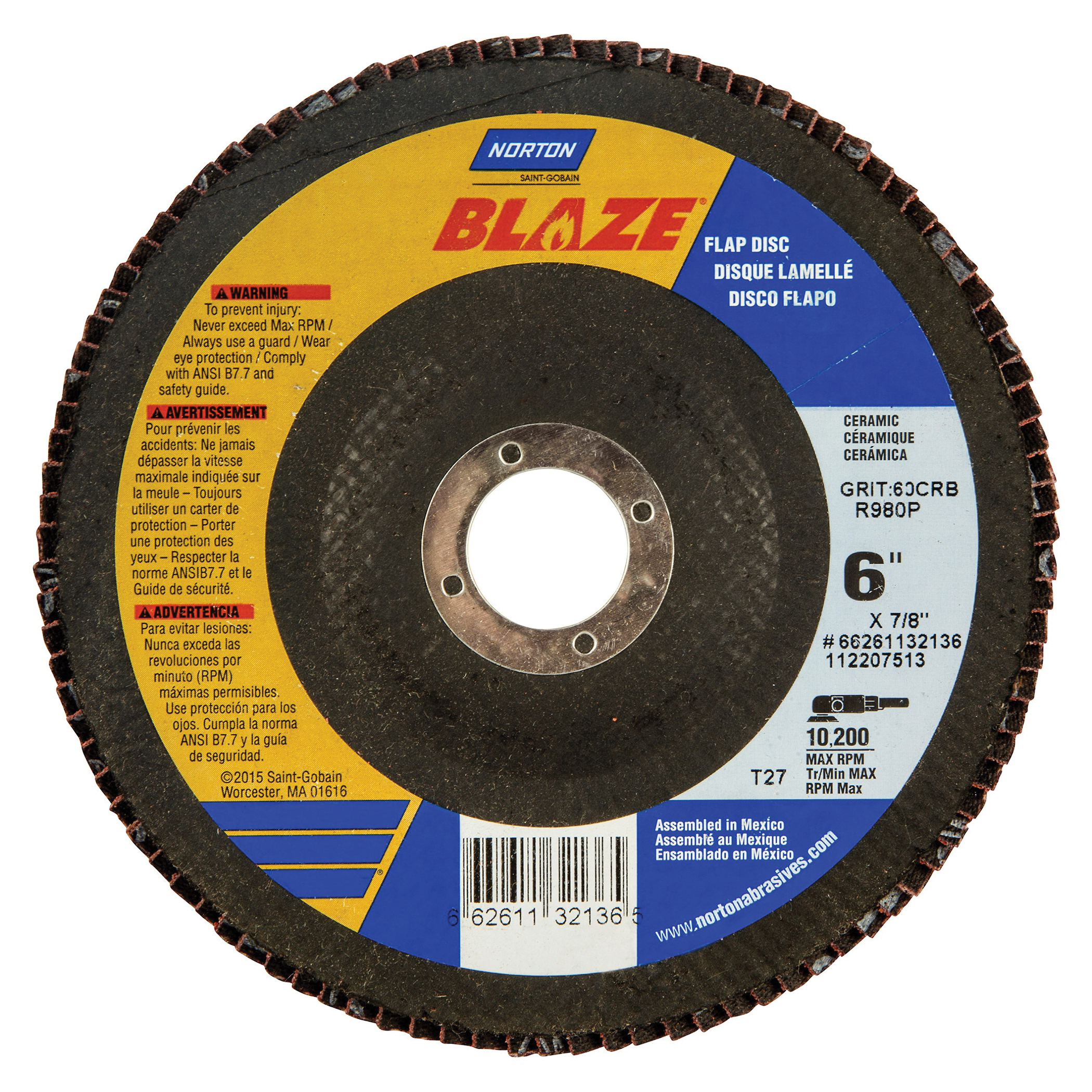 Norton® Blaze® 66261132136 R980P Center Mount Heavy Duty Coated Abrasive Flap Disc, 6 in Dia, 7/8 in Center Hole, 60 Grit, Coarse Grade, Premium Ceramic Alumina Abrasive, Type 27 Flat Disc