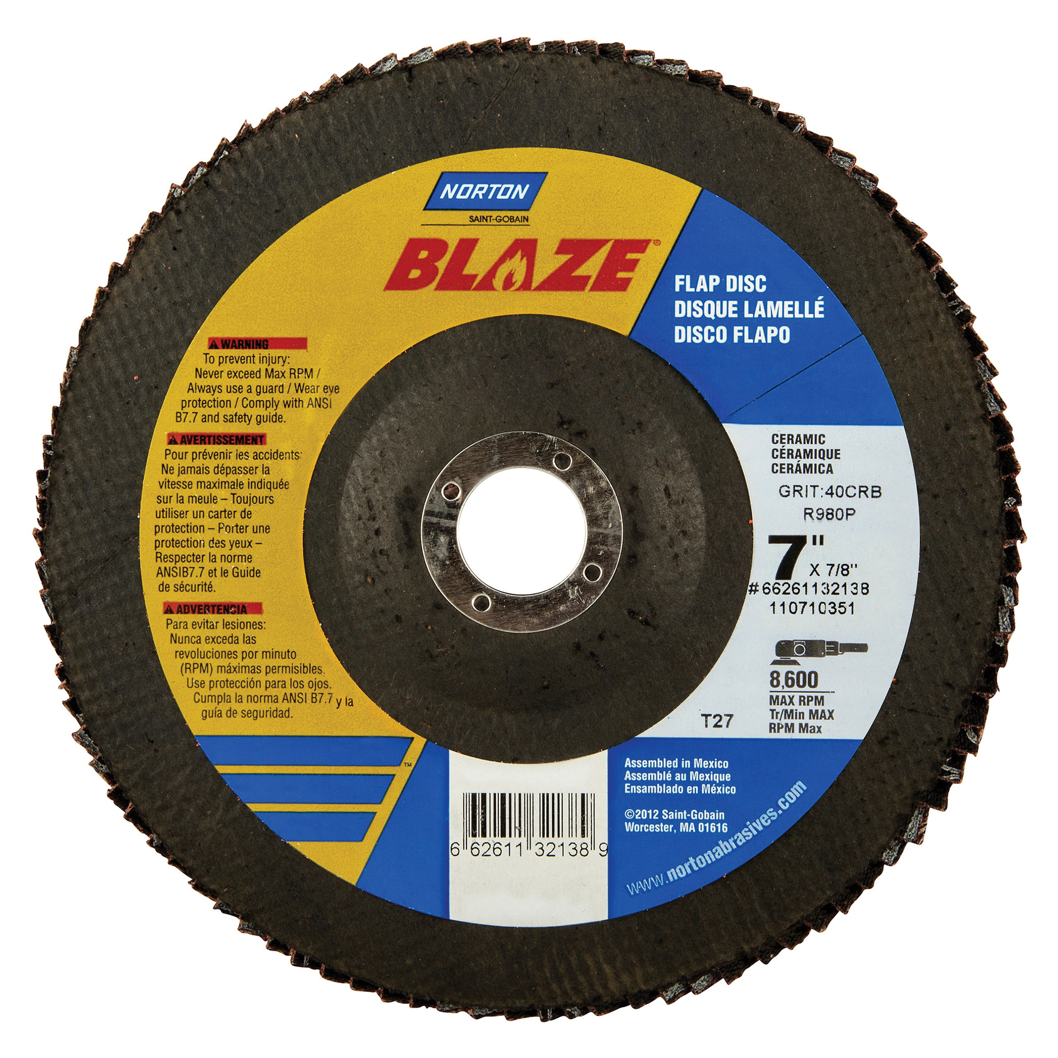 Norton® Blaze® 66261132138 R980P Center Mount Heavy Duty Coated Abrasive Flap Disc, 7 in Dia, 7/8 in Center Hole, 40 Grit, Extra Coarse Grade, Premium Ceramic Alumina Abrasive, Type 27 Flat Disc