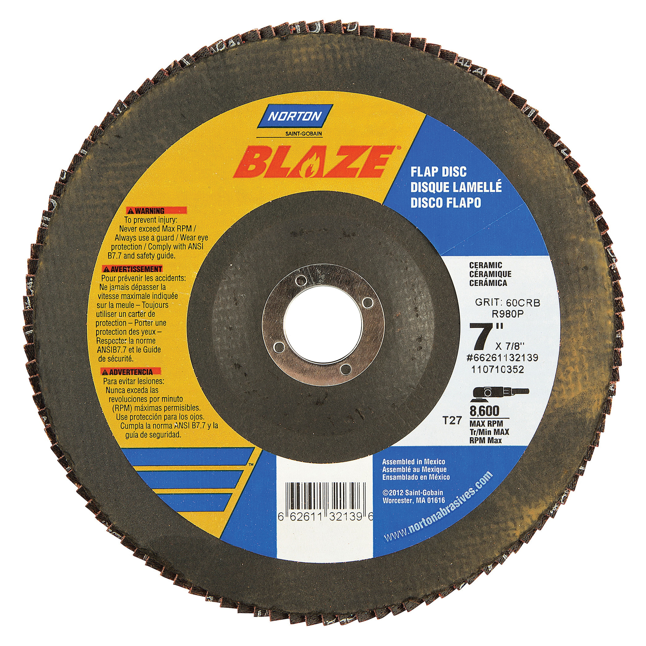 Norton® Blaze® 66261132139 R980P Center Mount Heavy Duty Coated Abrasive Flap Disc, 7 in Dia, 7/8 in Center Hole, 60 Grit, Coarse Grade, Premium Ceramic Alumina Abrasive, Type 27 Flat Disc