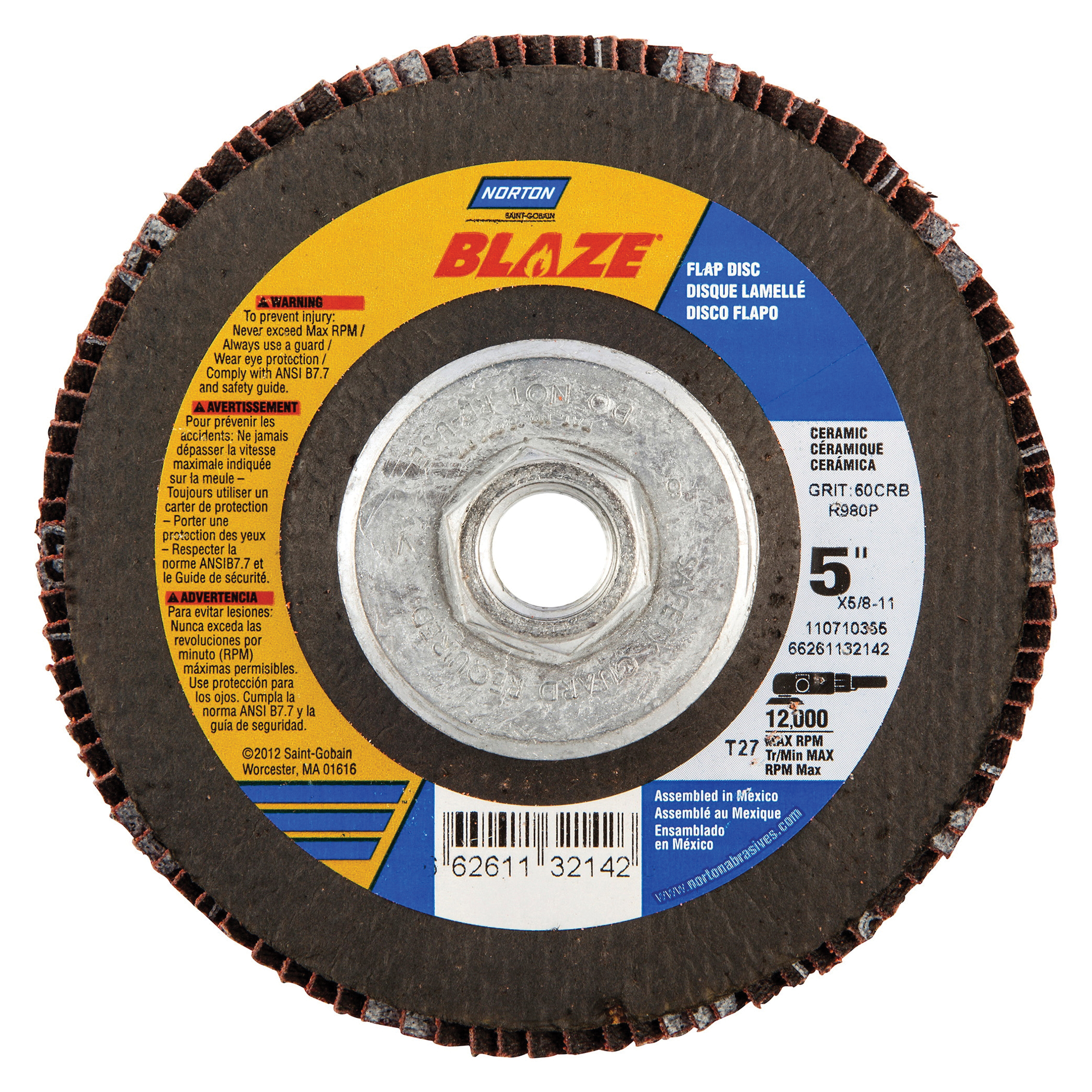 Norton® Blaze® 66261132142 R980P Arbor Thread Heavy Duty Coated Abrasive Flap Disc, 5 in Dia, 60 Grit, Coarse Grade, Premium Ceramic Alumina Abrasive, Type 27 Flat Disc