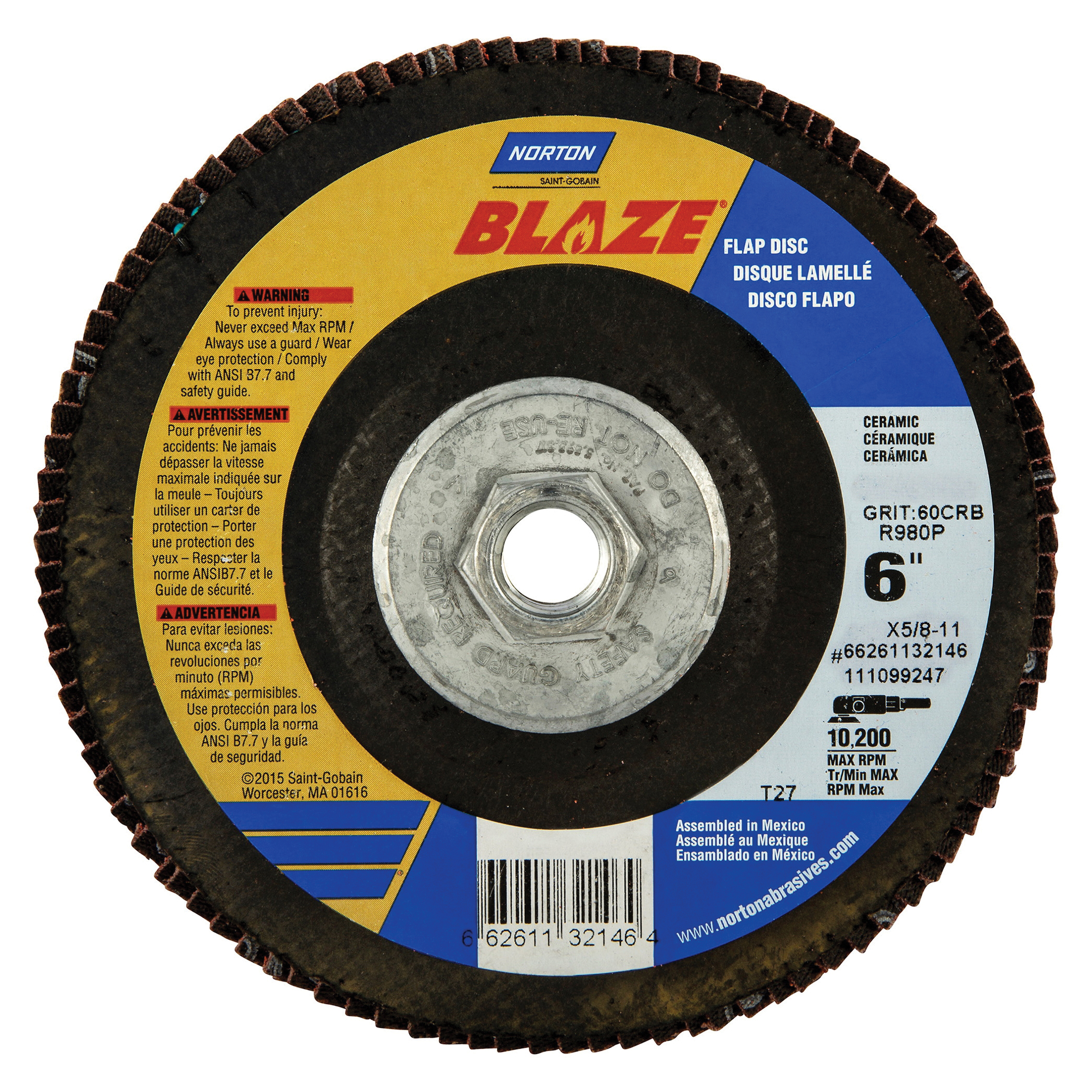 Norton® Blaze® 66261132146 R980P Arbor Thread Heavy Duty Coated Abrasive Flap Disc, 6 in Dia, 60 Grit, Coarse Grade, Premium Ceramic Alumina Abrasive, Type 27 Flat Disc
