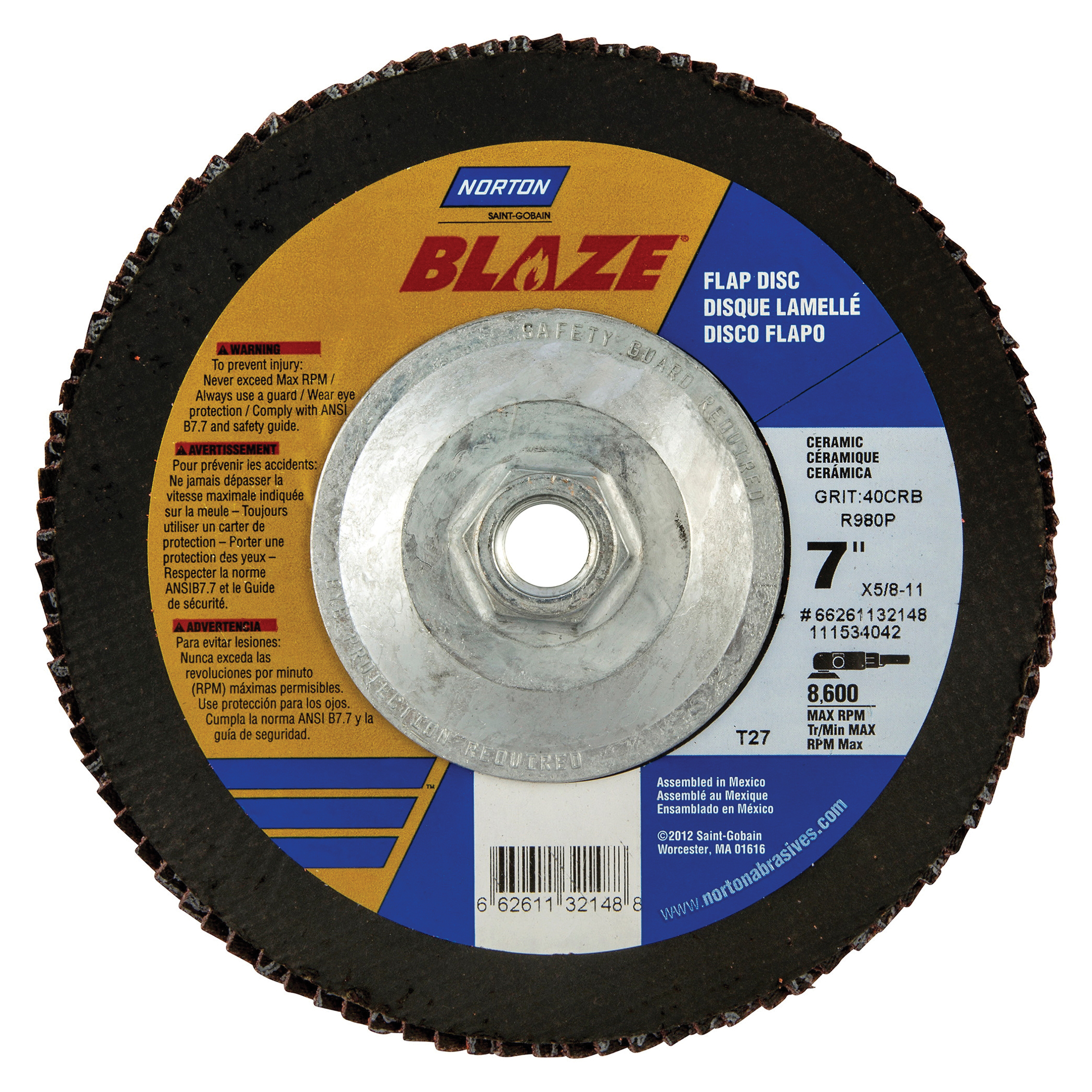 Norton® Blaze® 66261132148 R980P Arbor Thread Heavy Duty Coated Abrasive Flap Disc, 7 in Dia, 40 Grit, Extra Coarse Grade, Premium Ceramic Alumina Abrasive, Type 27 Flat Disc