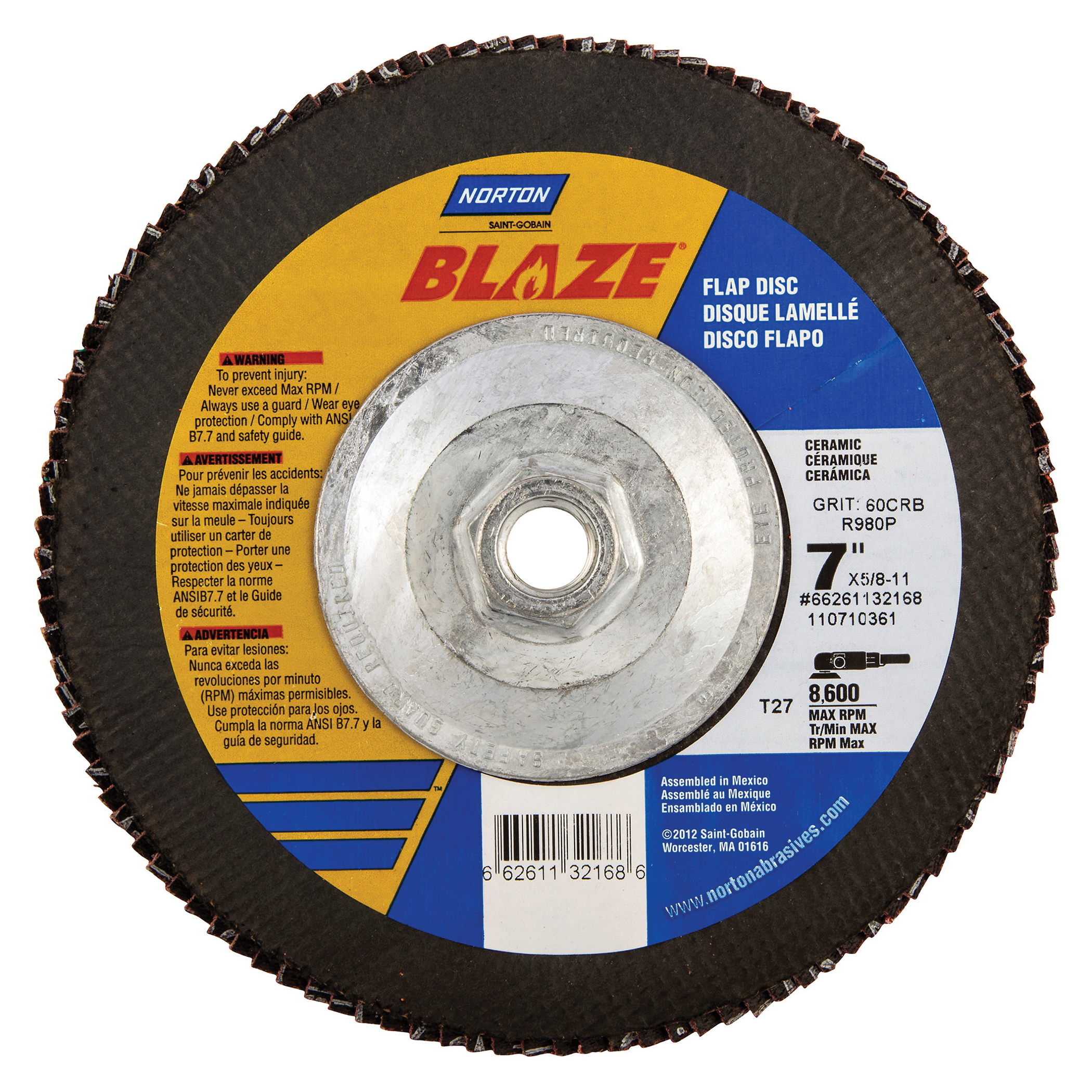 Norton® Blaze® 66261132168 R980P Arbor Thread Heavy Duty Coated Abrasive Flap Disc, 7 in Dia, 60 Grit, Coarse Grade, Premium Ceramic Alumina Abrasive, Type 27 Flat Disc