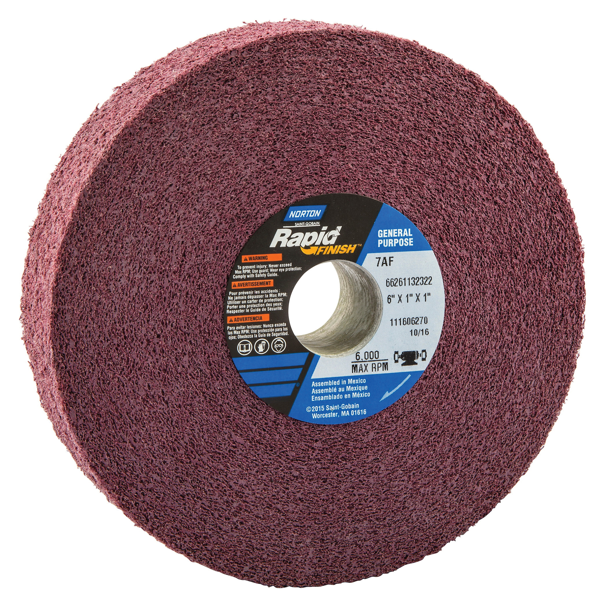 Norton® Bear-Tex® Rapid Finish™ 66261132322 Convolute Non-Woven Abrasive Wheel, 6 in Dia, 1 in Center Hole, 1 in W Face, Fine Grade, Aluminum Oxide Abrasive