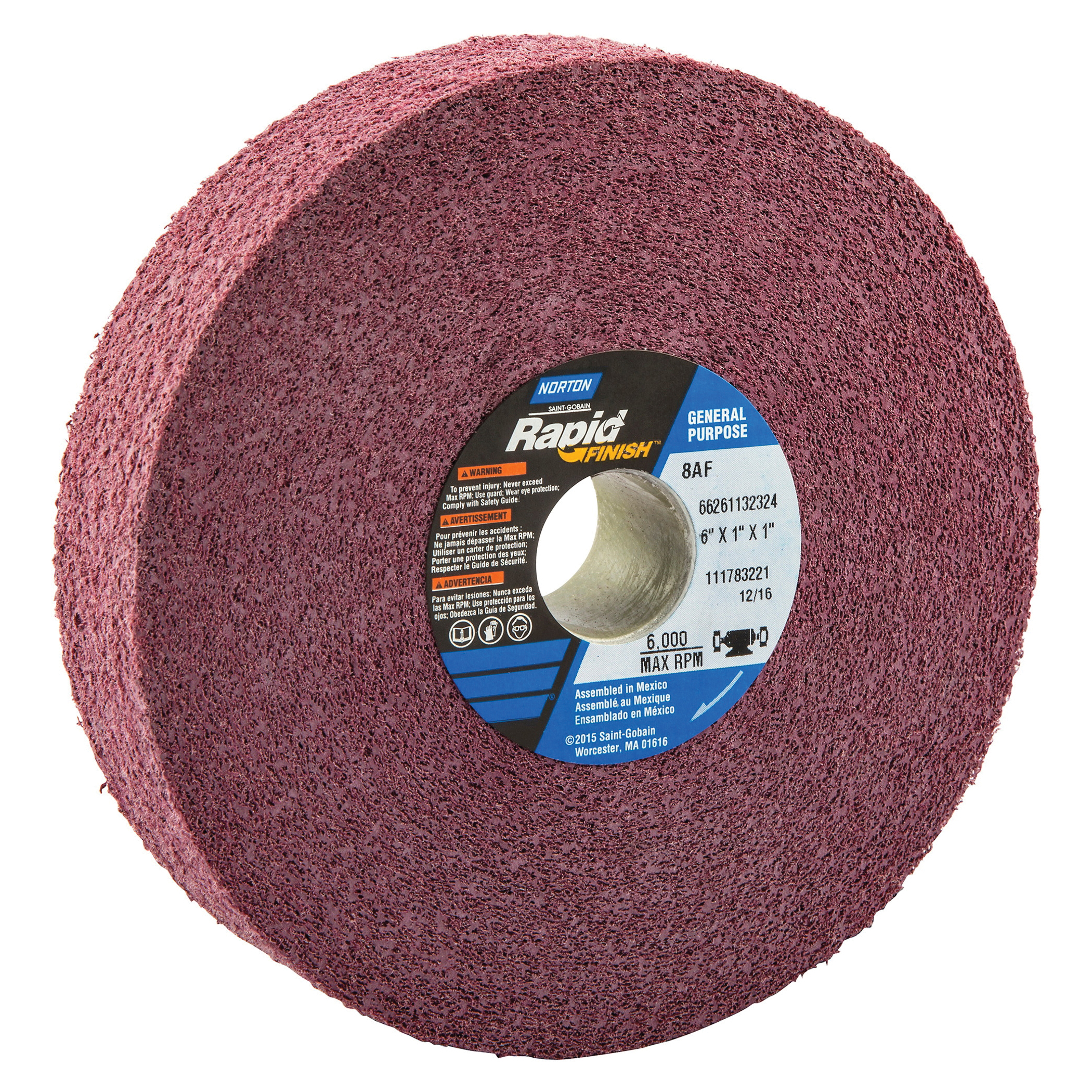 Norton® Bear-Tex® Rapid Finish™ 66261132324 Convolute Non-Woven Abrasive Wheel, 6 in Dia, 1 in Center Hole, 1 in W Face, Fine Grade, Aluminum Oxide Abrasive