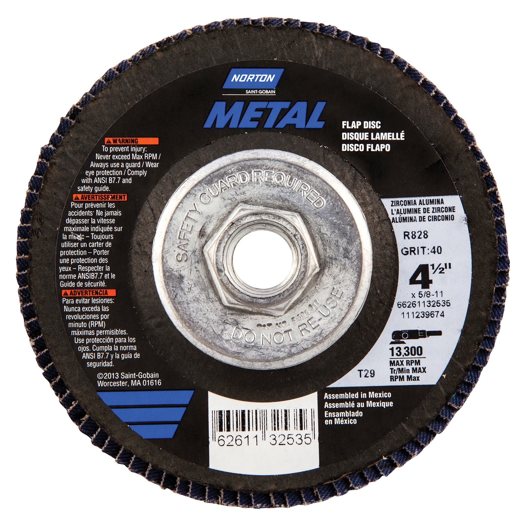 Norton® Metal® 66261132535 R828 Arbor Thread Coated Abrasive Flap Disc, 4-1/2 in Dia, P40 Grit, Extra Coarse Grade, Zirconia Alumina Abrasive, Type 29 Conical Disc