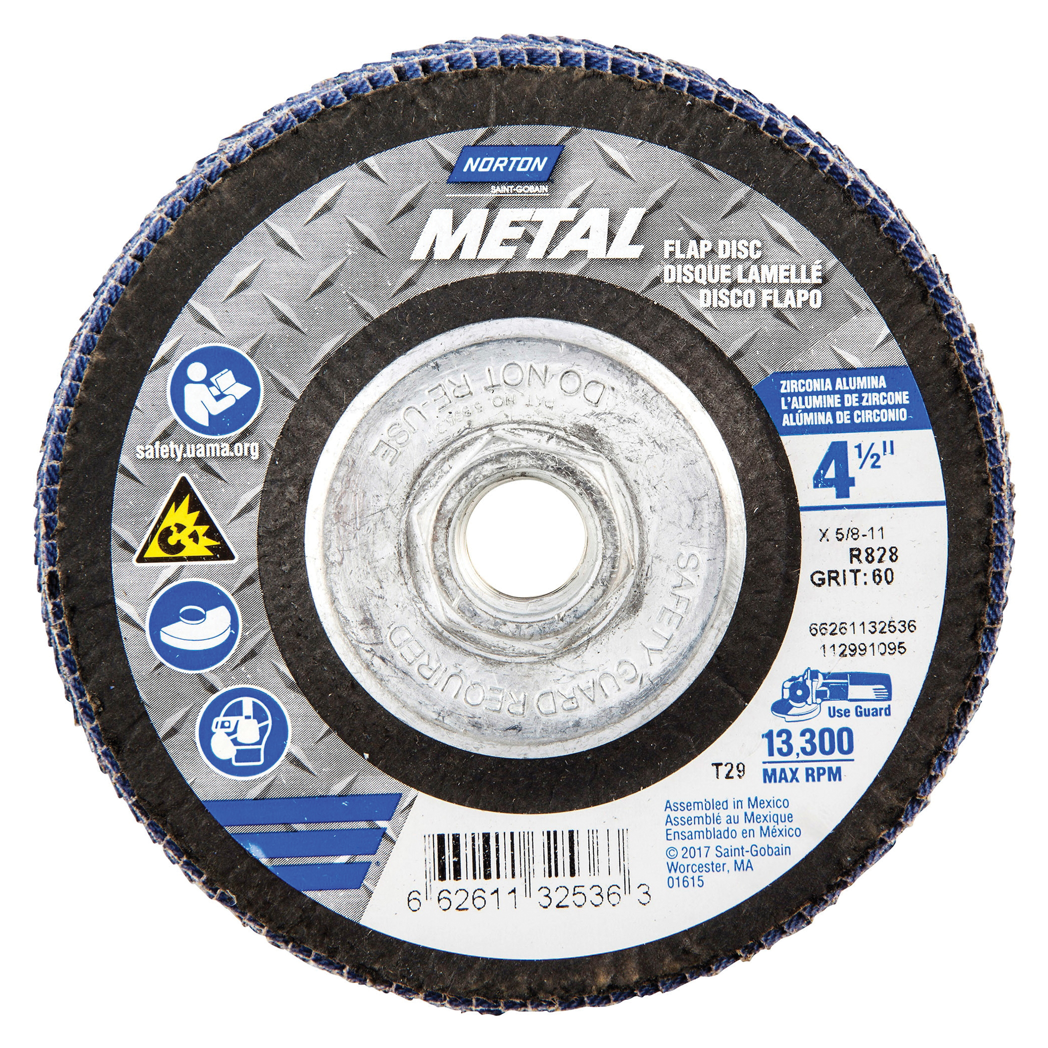 Norton® Metal® 66261132536 R828 Arbor Thread Coated Abrasive Flap Disc, 4-1/2 in Dia, P60 Grit, Coarse Grade, Zirconia Alumina Abrasive, Type 29 Conical Disc